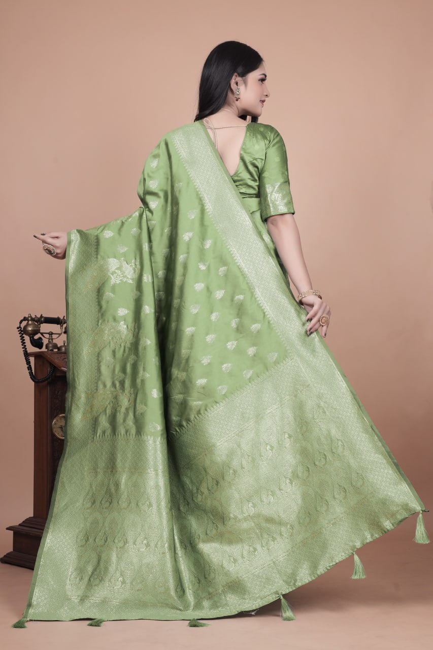 Mauve Green Banarasi Silk Saree with Gold Zari Peacock Work