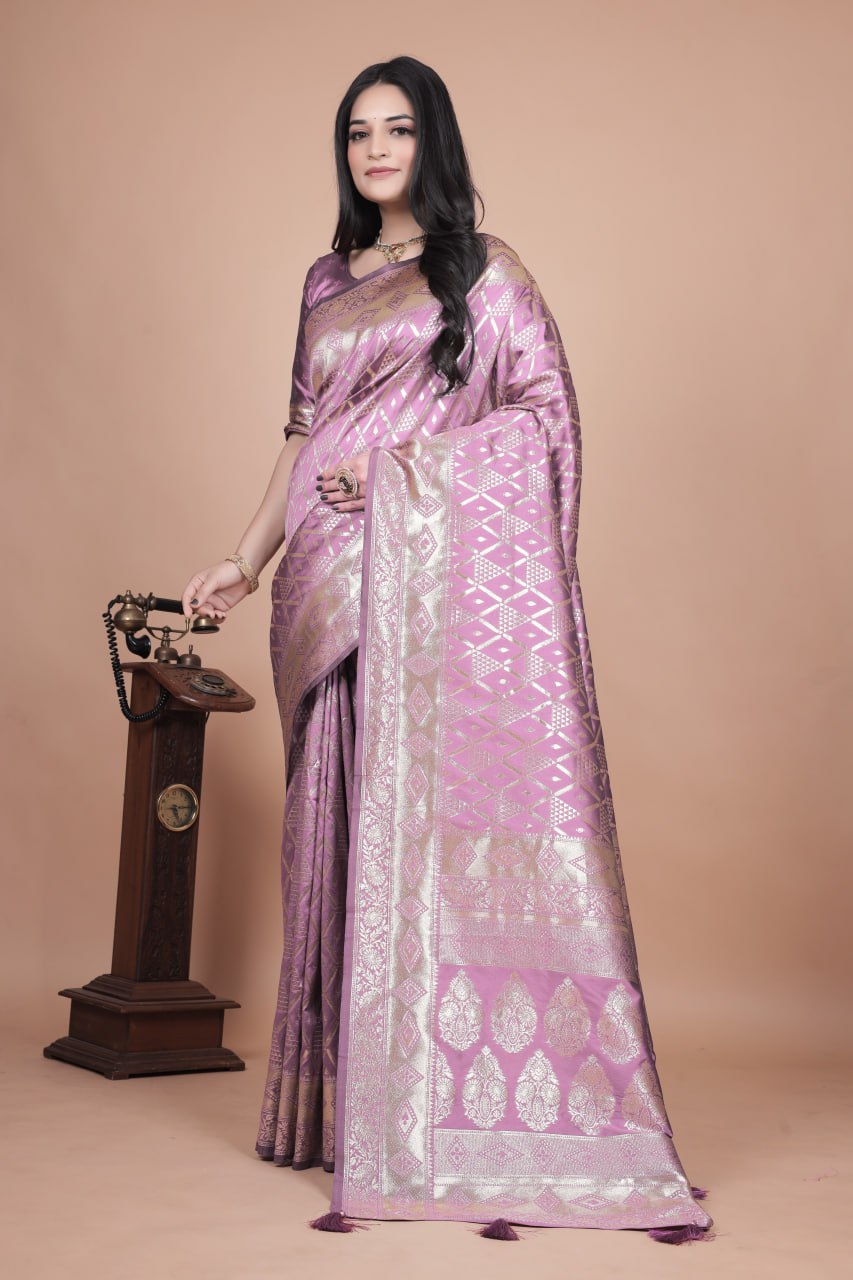 Lavender Banarasi Silk Saree with Silver Zari Geometric and Floral Design