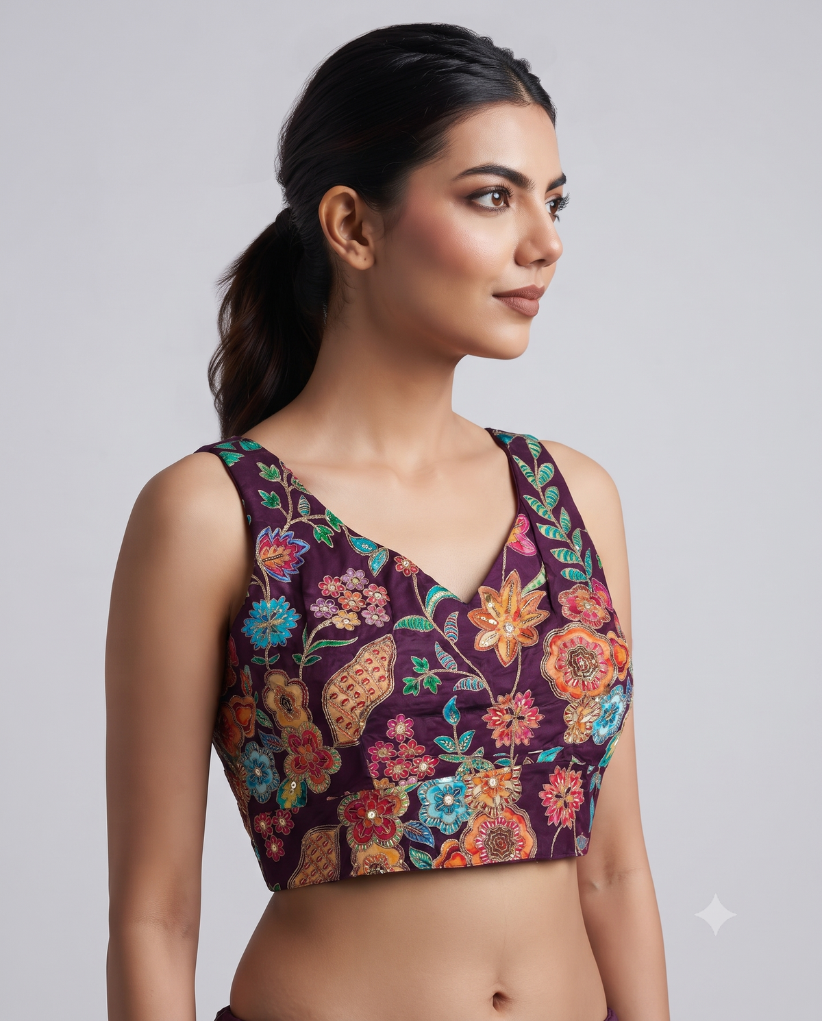 Ethnic Sleeveless Position Print Embroidery Blouse