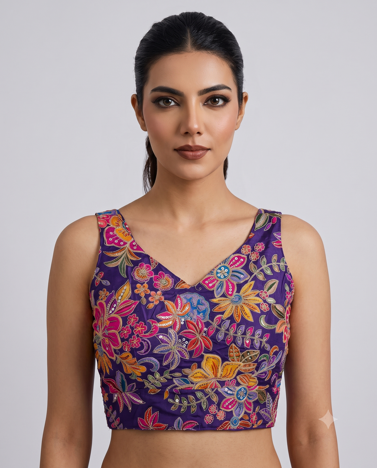 Premium Position Print Sleeveless Embroidered Blouse