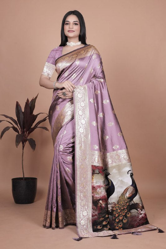 Lavender Banarasi Silk Saree with Majestic Peacock Motif Pallu