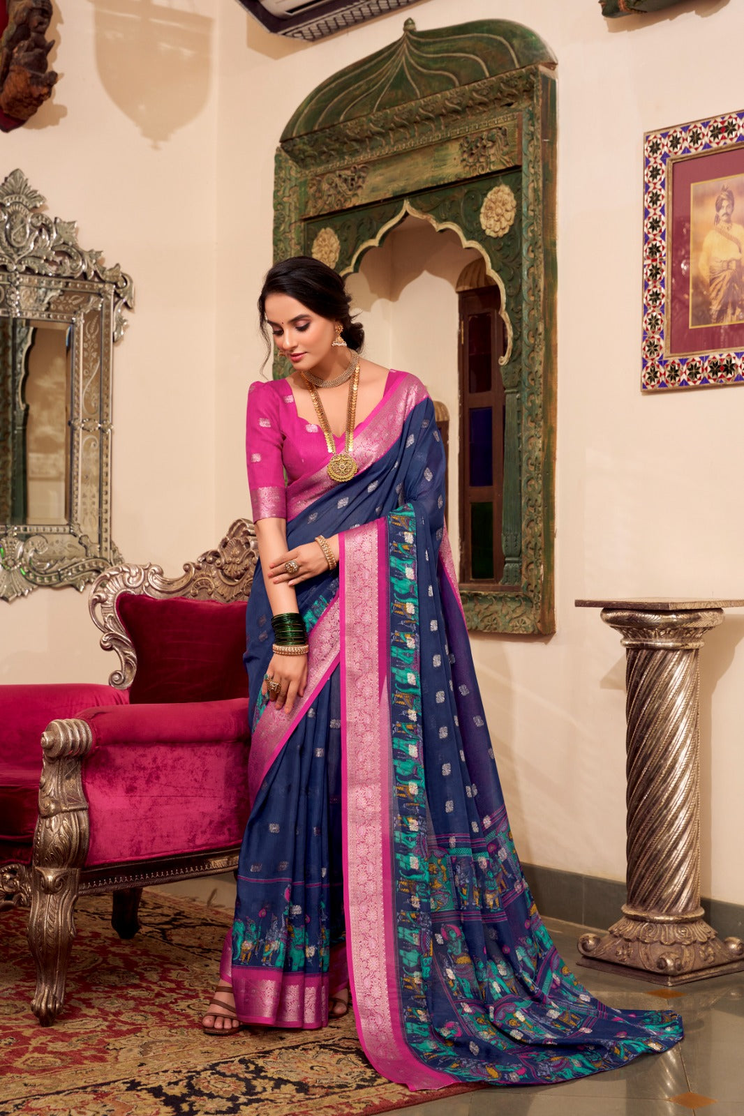 Poly Cotton Kalamkari Print With Zari Weaving Work Border Saree