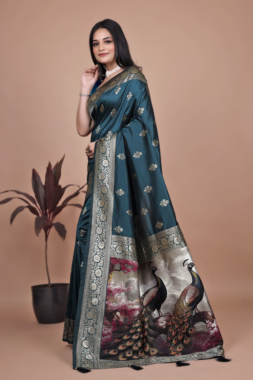 Teal Banarasi Silk Saree with Majestic Peacock Pallu