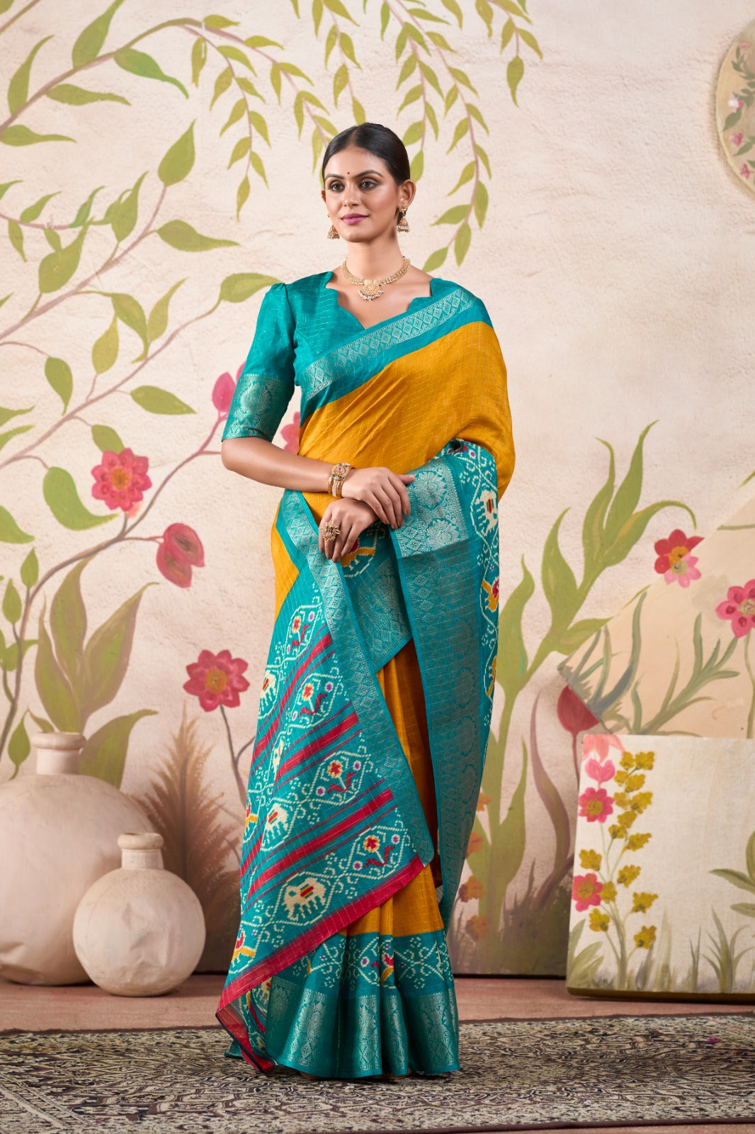 Tussar Chex Patola Print With Weaving Work BorderSaree