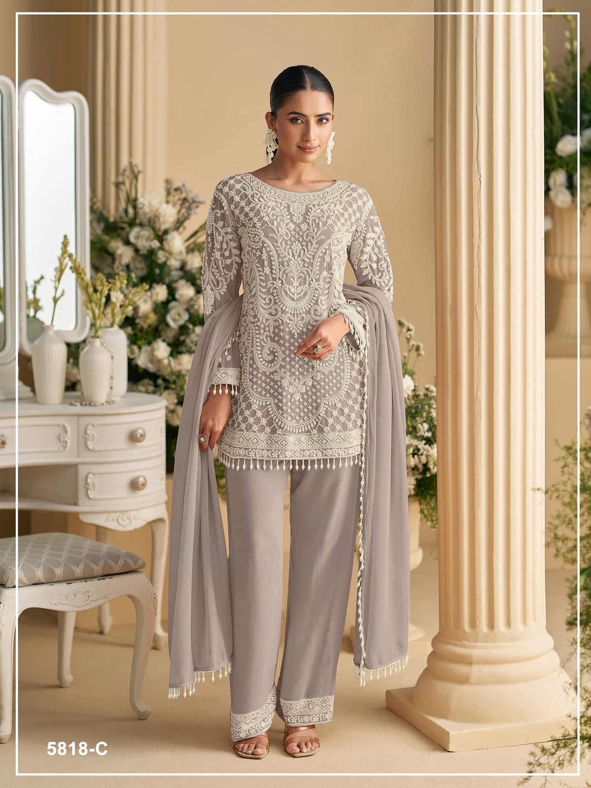 Taupe Grey Fox Georgette Heavy Embroidered Beads & 3mm Sequence Work Semi-Stitched Suit Set