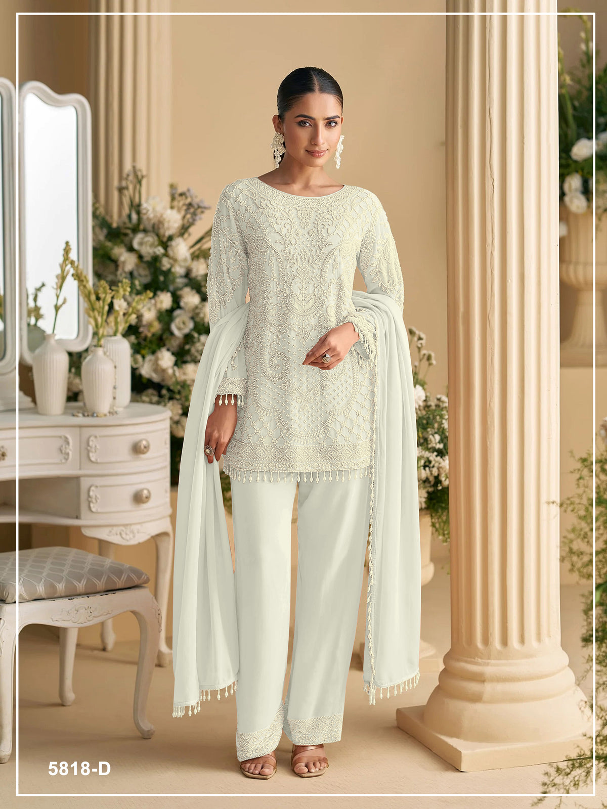 Off-White Fox Georgette Heavy Embroidered Beads & 3mm Sequence Work Semi-Stitched Suit Set