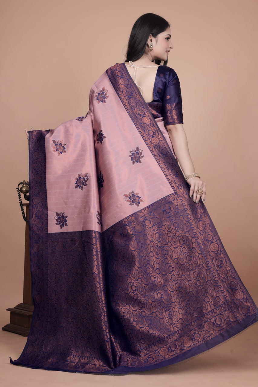 Mauve & Midnight Blue Banarasi Silk Saree with Lotus Motifs