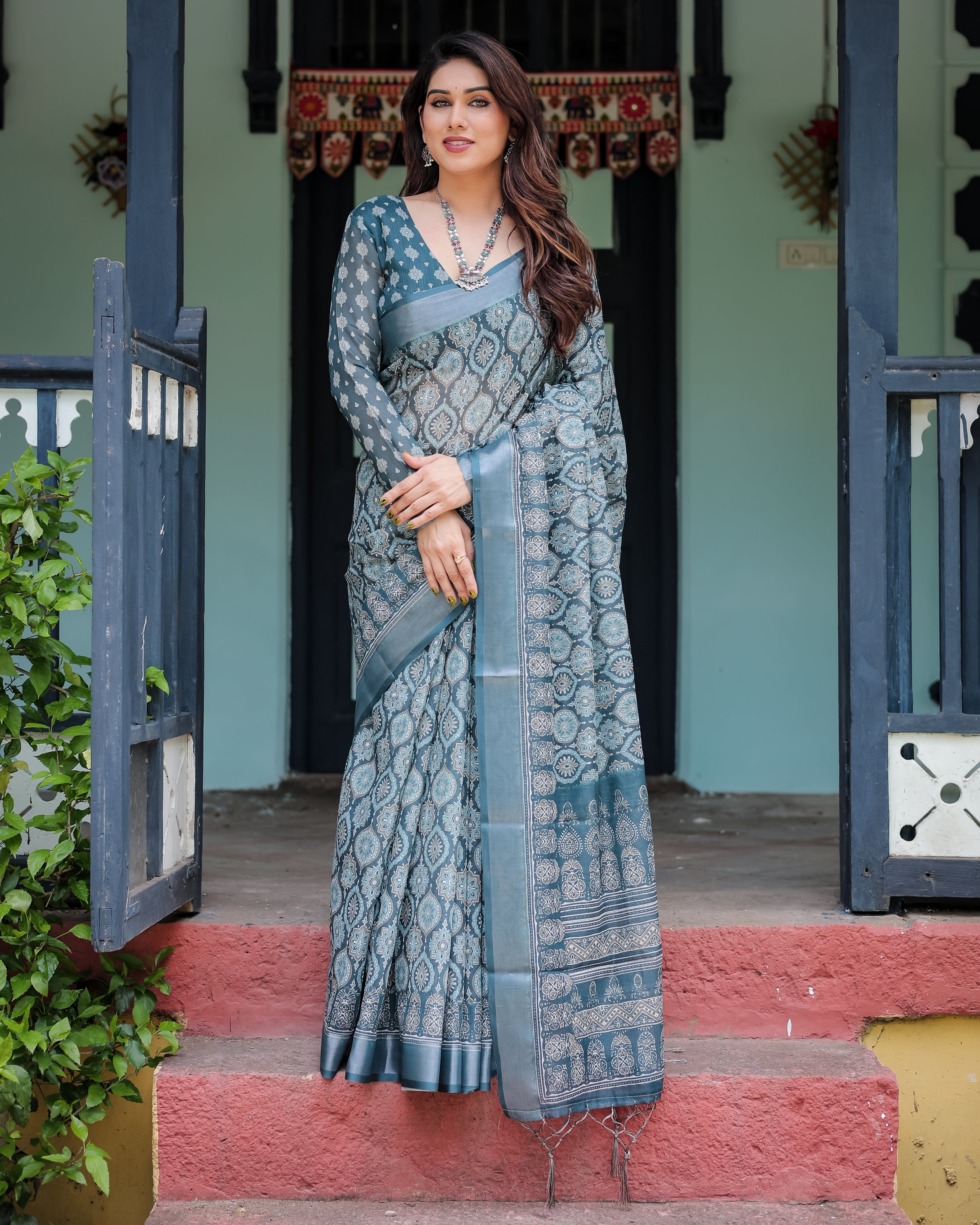 Teal Blue Pure Cotton Linen Saree with Geometric Block Print Blouse and Tassel Detailing LINEN H 111120