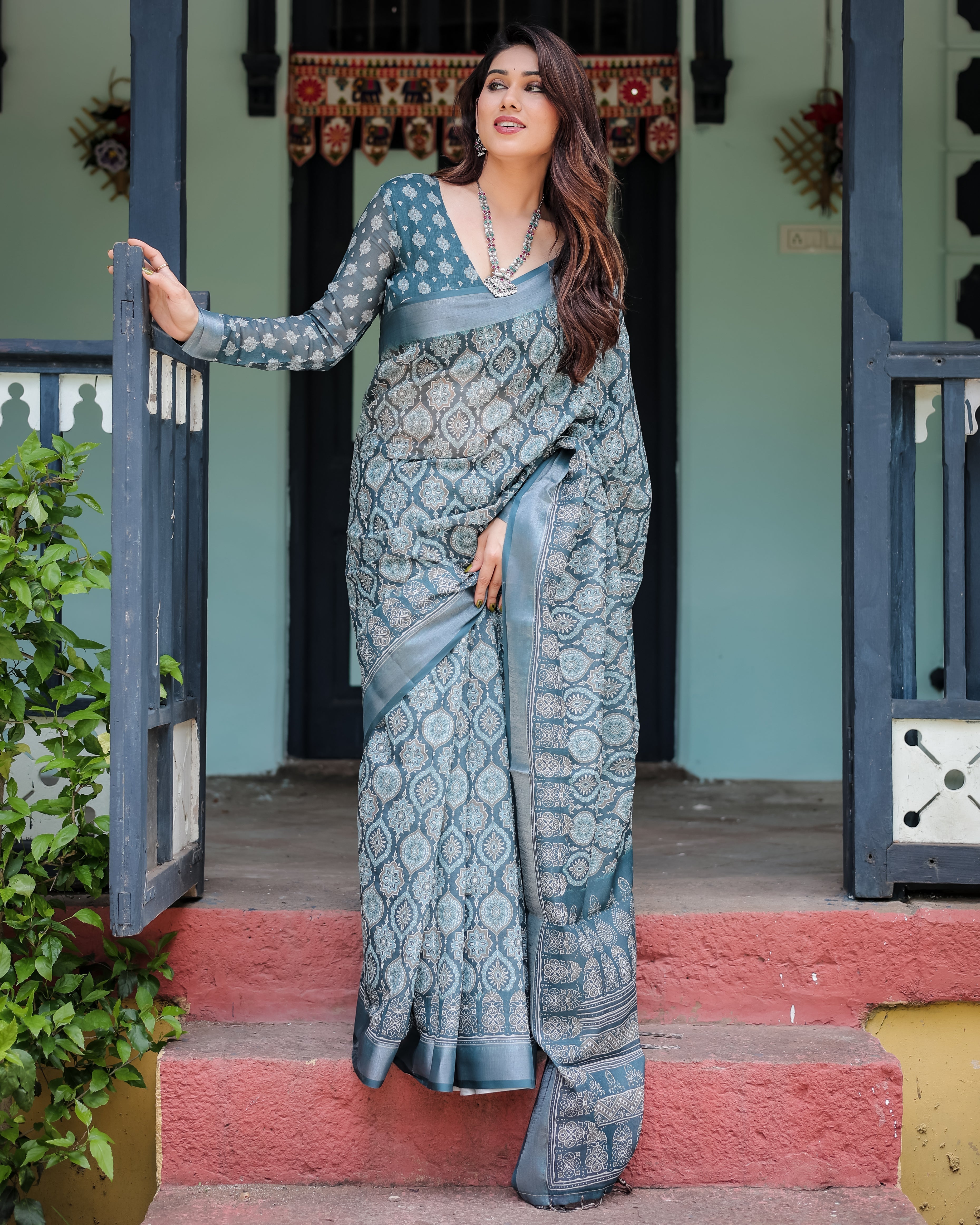 Teal Blue Pure Cotton Linen Saree with Geometric Block Print Blouse and Tassel Detailing LINEN H 111120