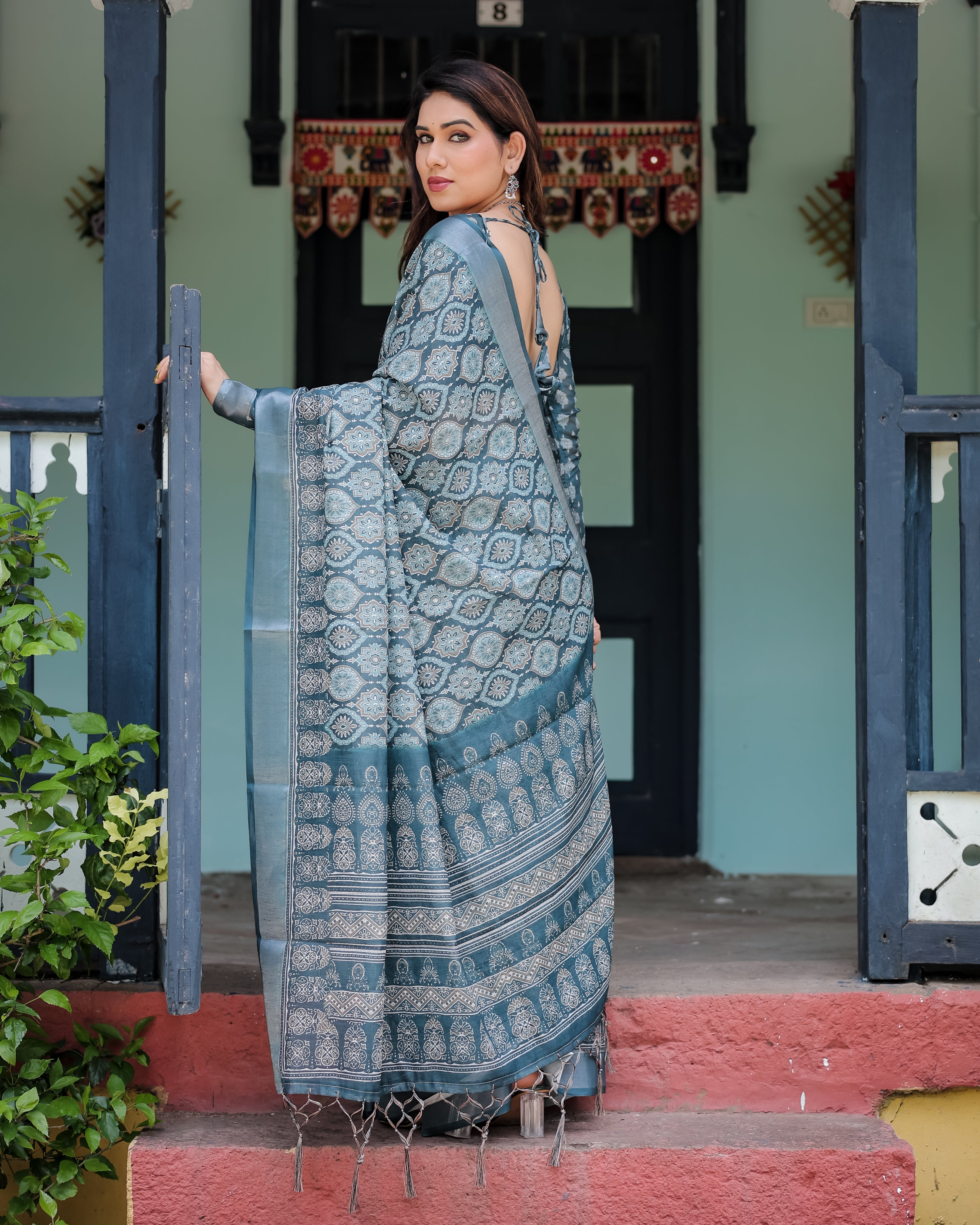 Teal Blue Pure Cotton Linen Saree with Geometric Block Print Blouse and Tassel Detailing LINEN H 111120