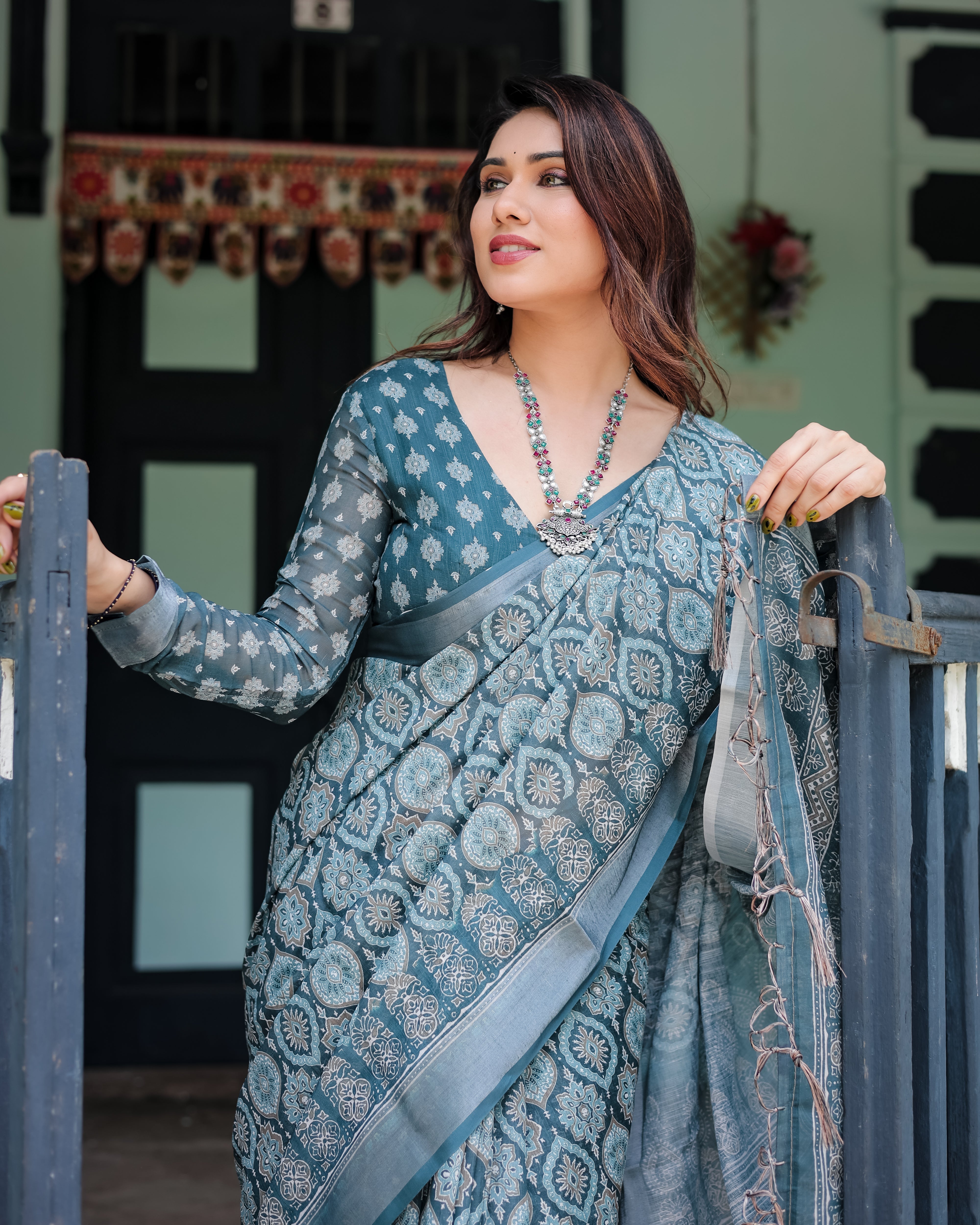 Teal Blue Pure Cotton Linen Saree with Geometric Block Print Blouse and Tassel Detailing LINEN H 111120