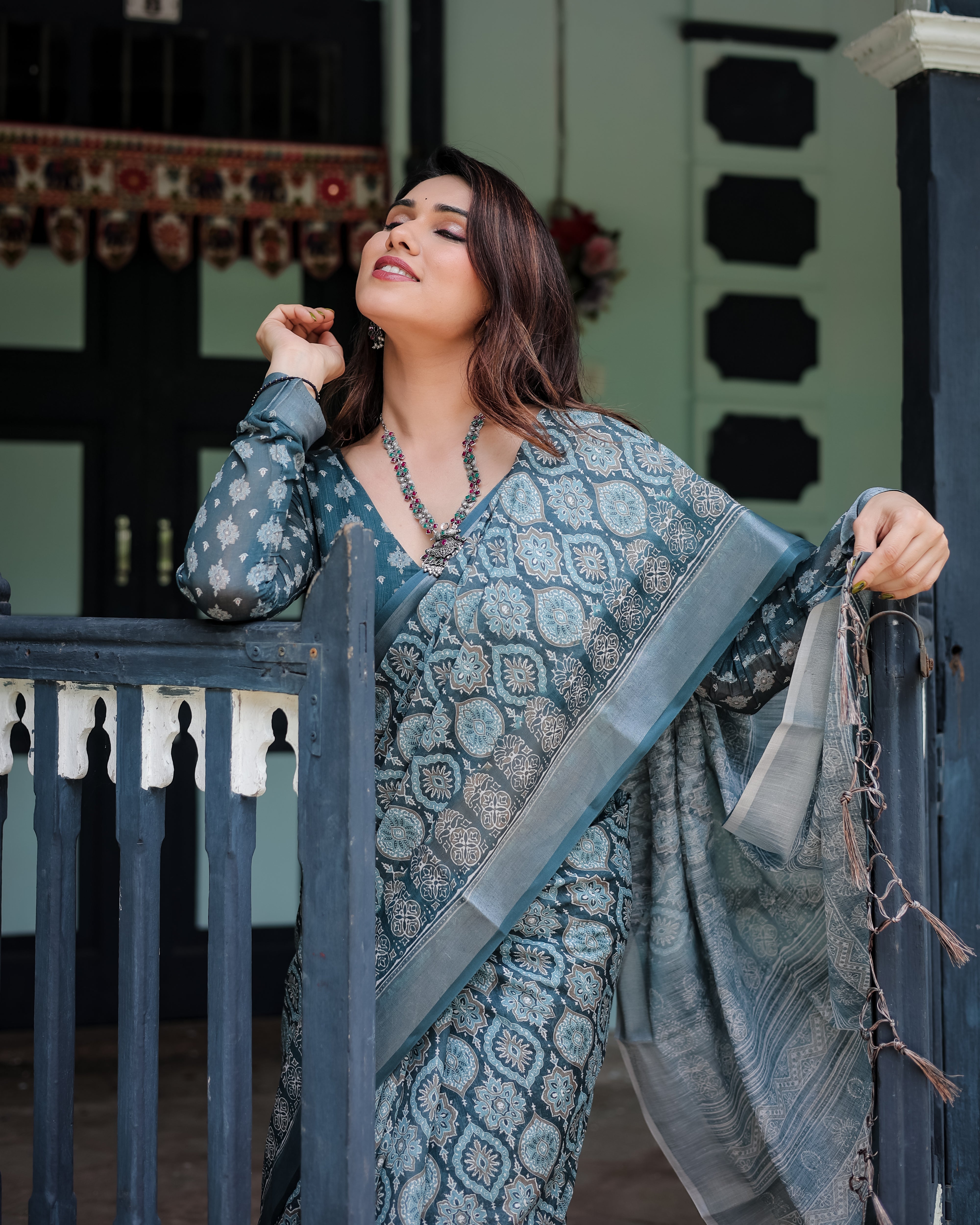 Teal Blue Pure Cotton Linen Saree with Geometric Block Print Blouse and Tassel Detailing LINEN H 111120