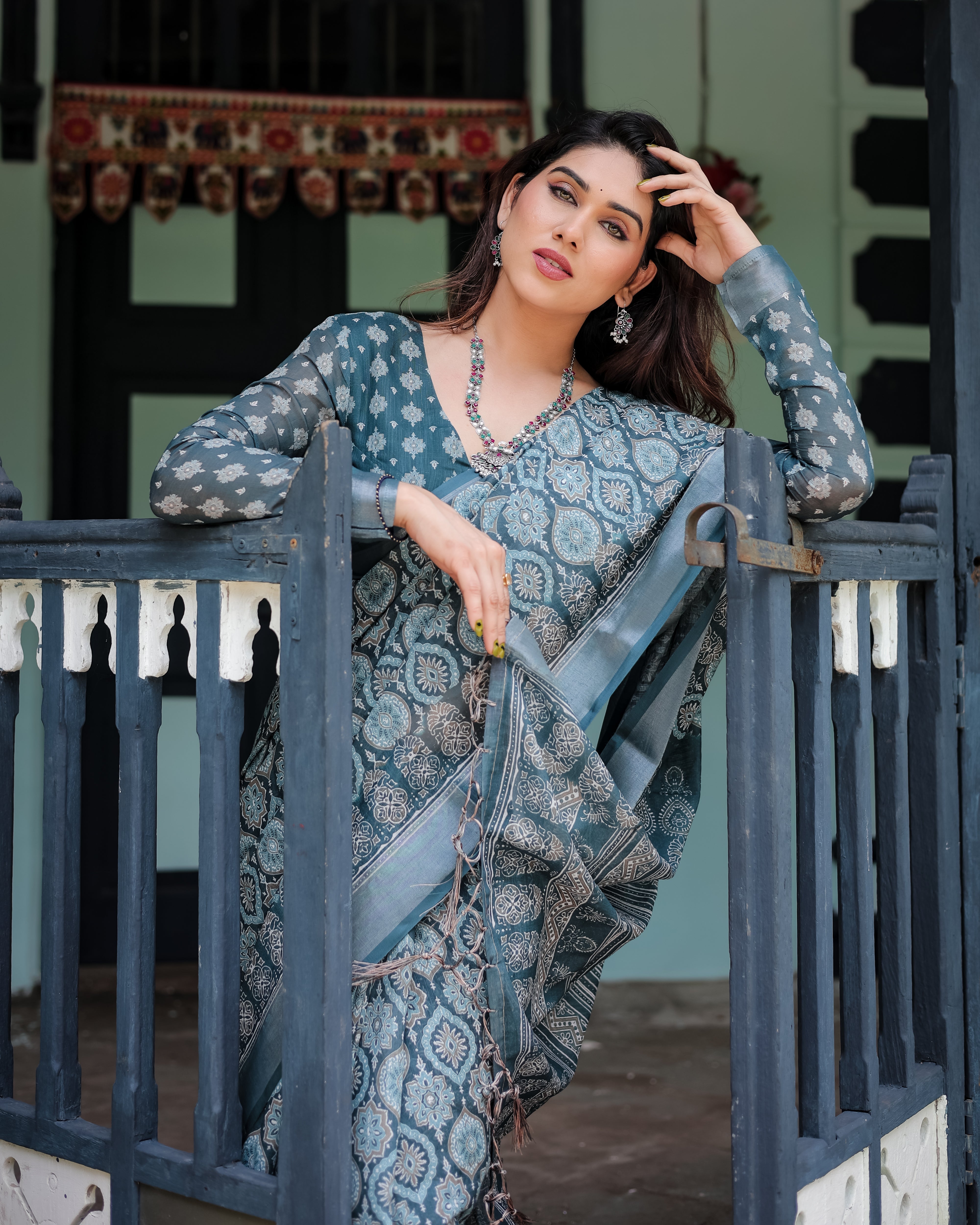Teal Blue Pure Cotton Linen Saree with Geometric Block Print Blouse and Tassel Detailing LINEN H 111120