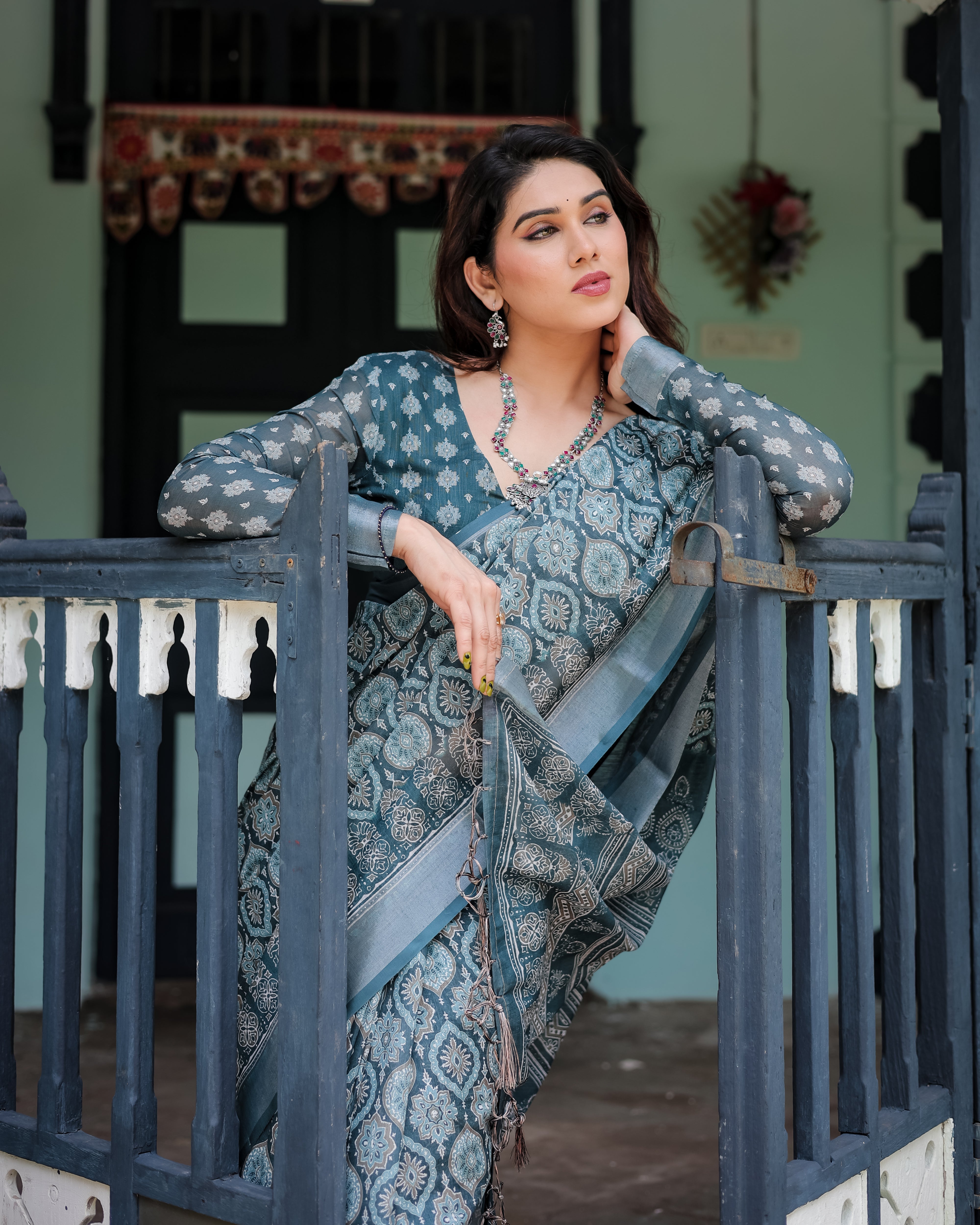 Teal Blue Pure Cotton Linen Saree with Geometric Block Print Blouse and Tassel Detailing LINEN H 111120