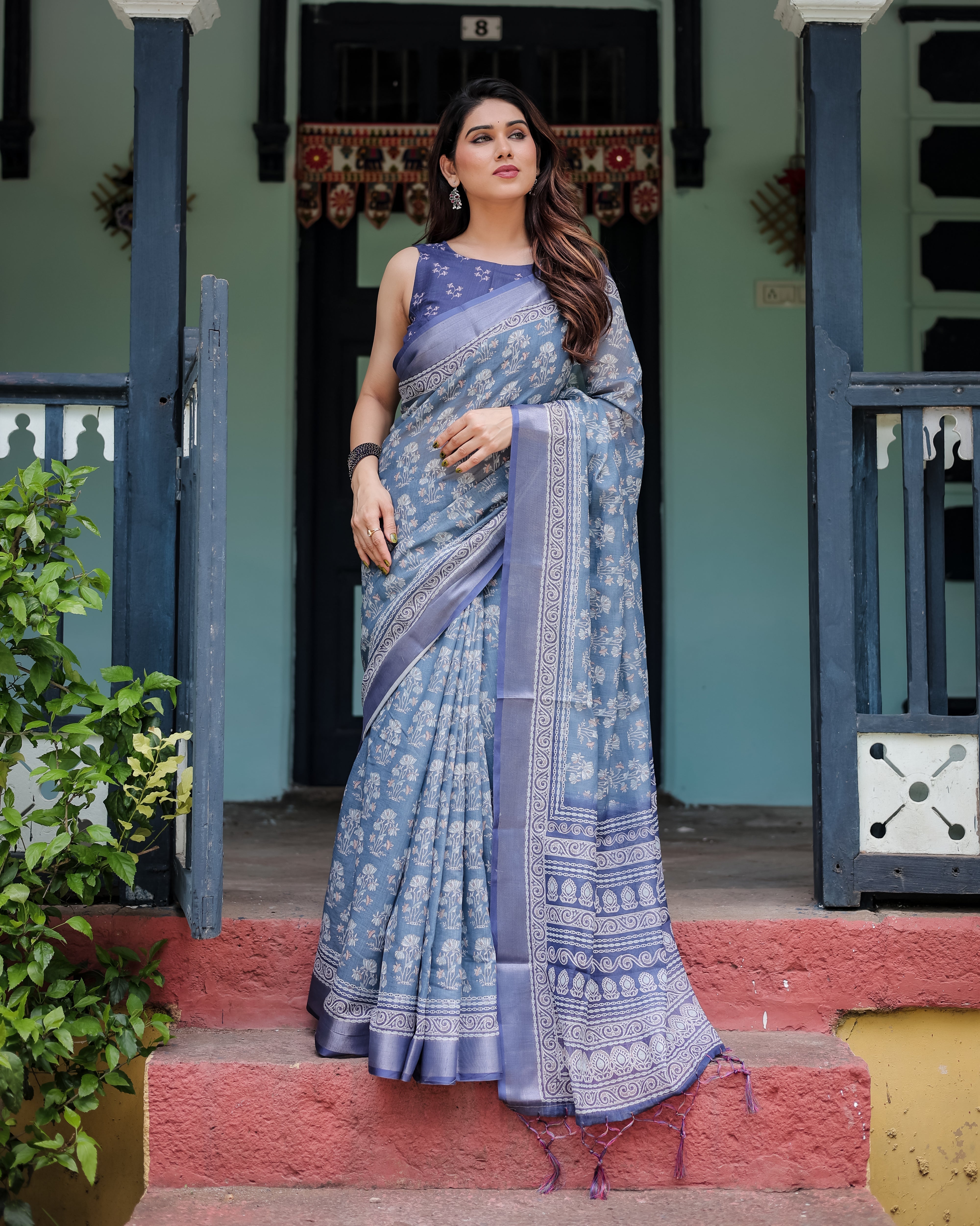 Elegant Blue Pure Cotton Linen Saree with Floral Pattern Blouse and Tassels on Edges LINEN H 121130