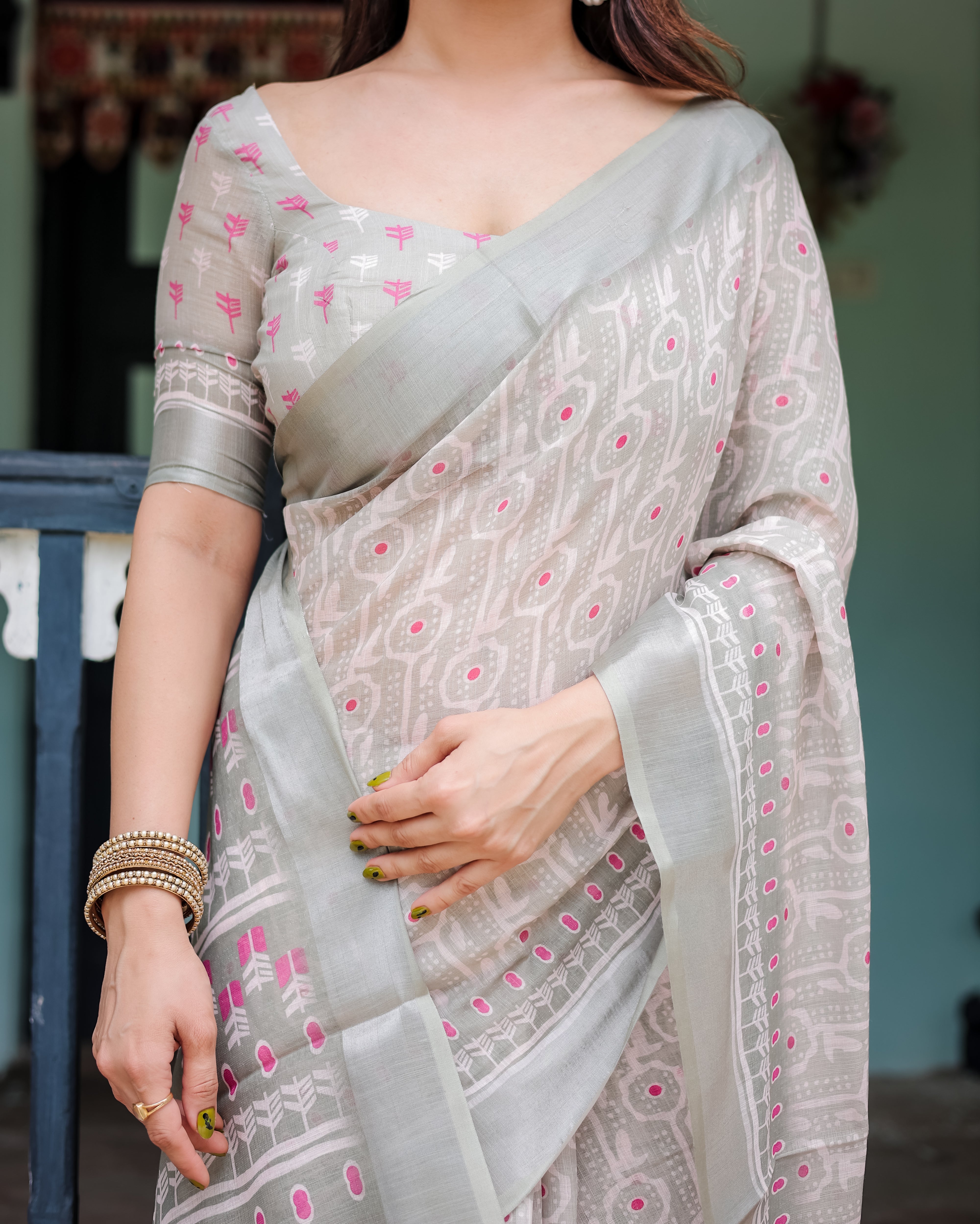 Soft Grey Pure Cotton Linen Saree with Pink and White Ikat Design Blouse and Tassel Detailing LINEN H 111120