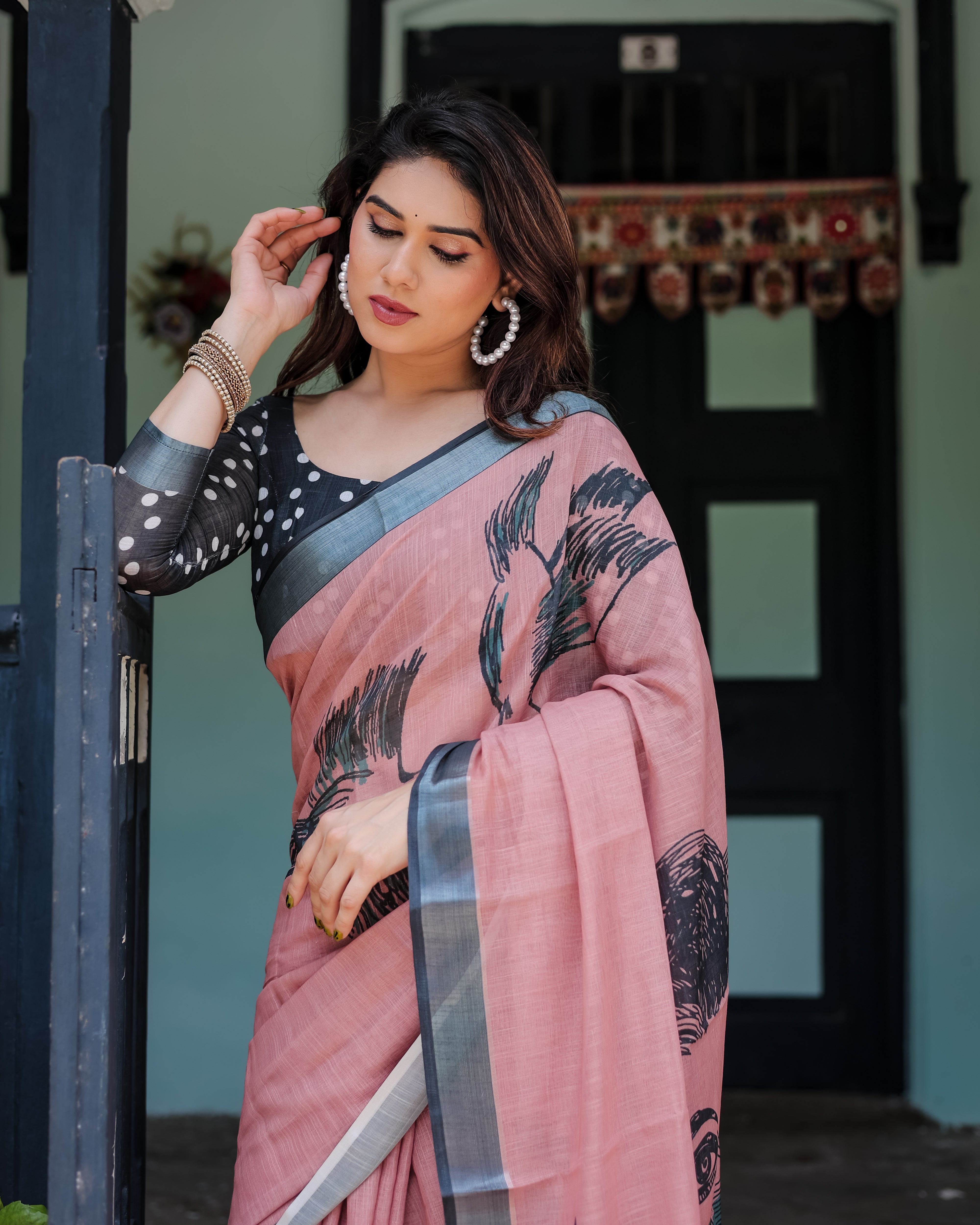 Blush Pink Pure Cotton Linen Saree with Contrast Polka Dot Blouse and Tassel Detailing LINEN H 101110