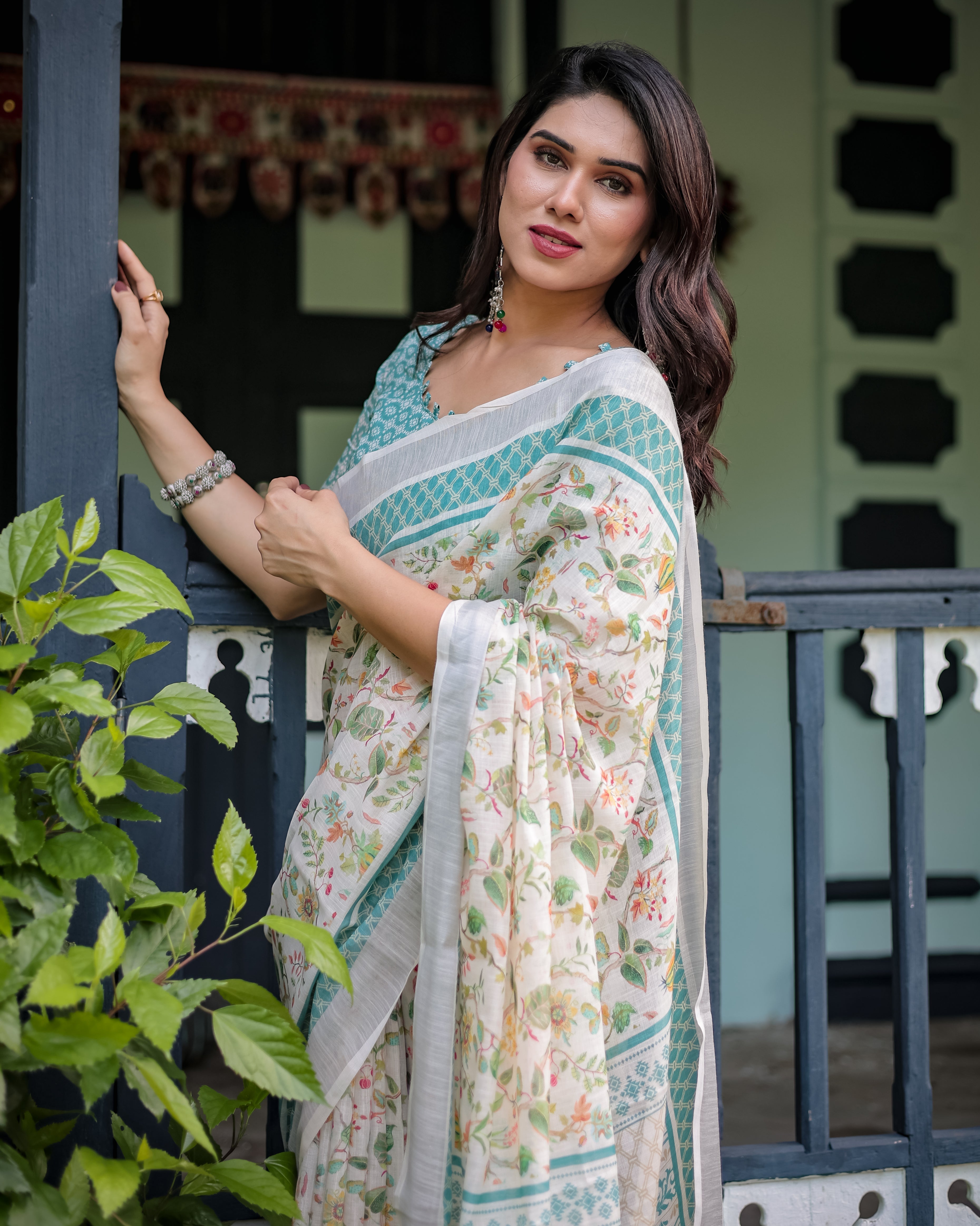 Elegant Floral Printed Pure Cotton Linen Saree in Ivory with Teal Border and Blouse Tassels on Edges LINEN H 121130