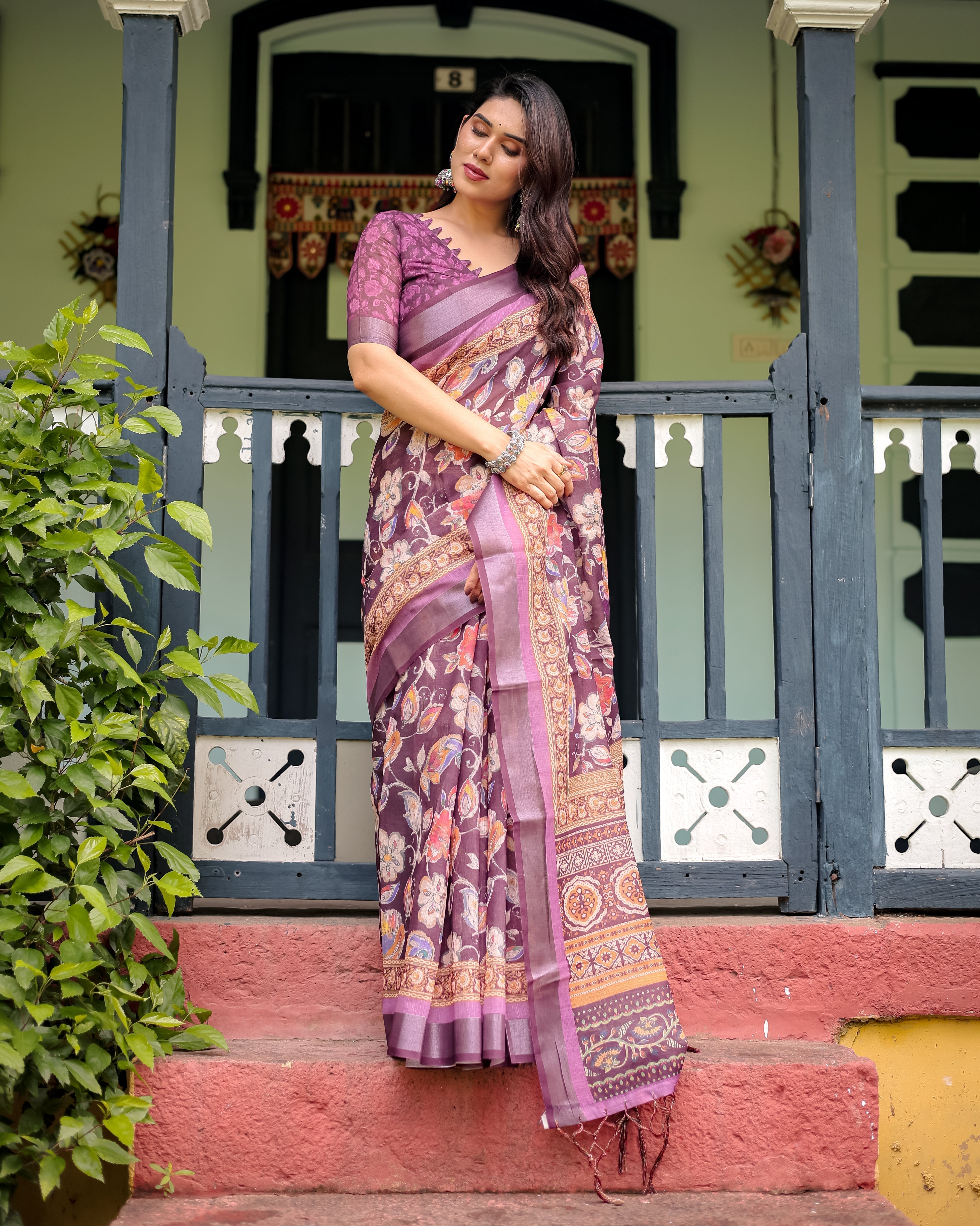 Purple Floral Printed Pure Cotton Linen Saree with Blouse and Tassels LINEN H 121130