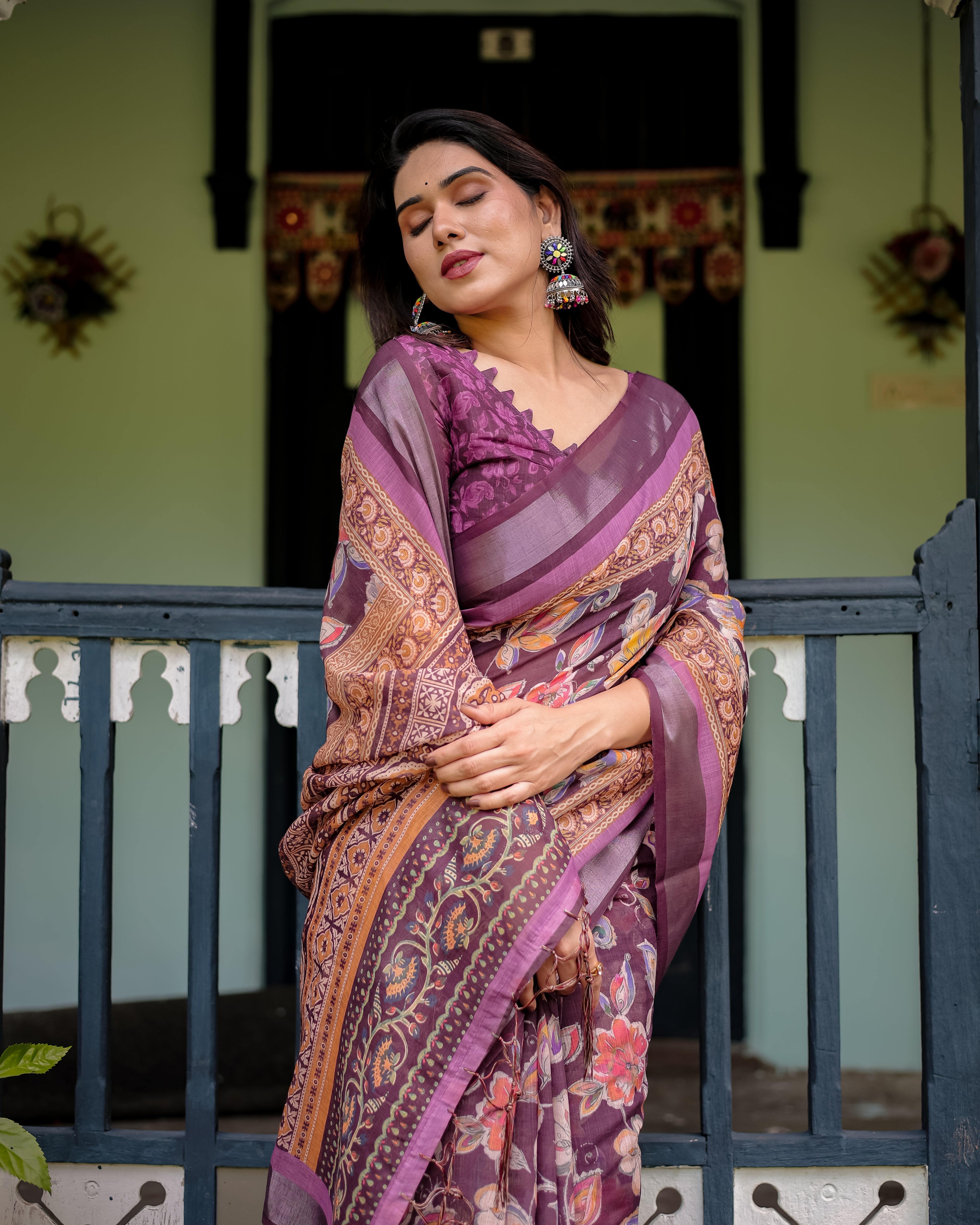 Purple Floral Printed Pure Cotton Linen Saree with Blouse and Tassels LINEN H 121130