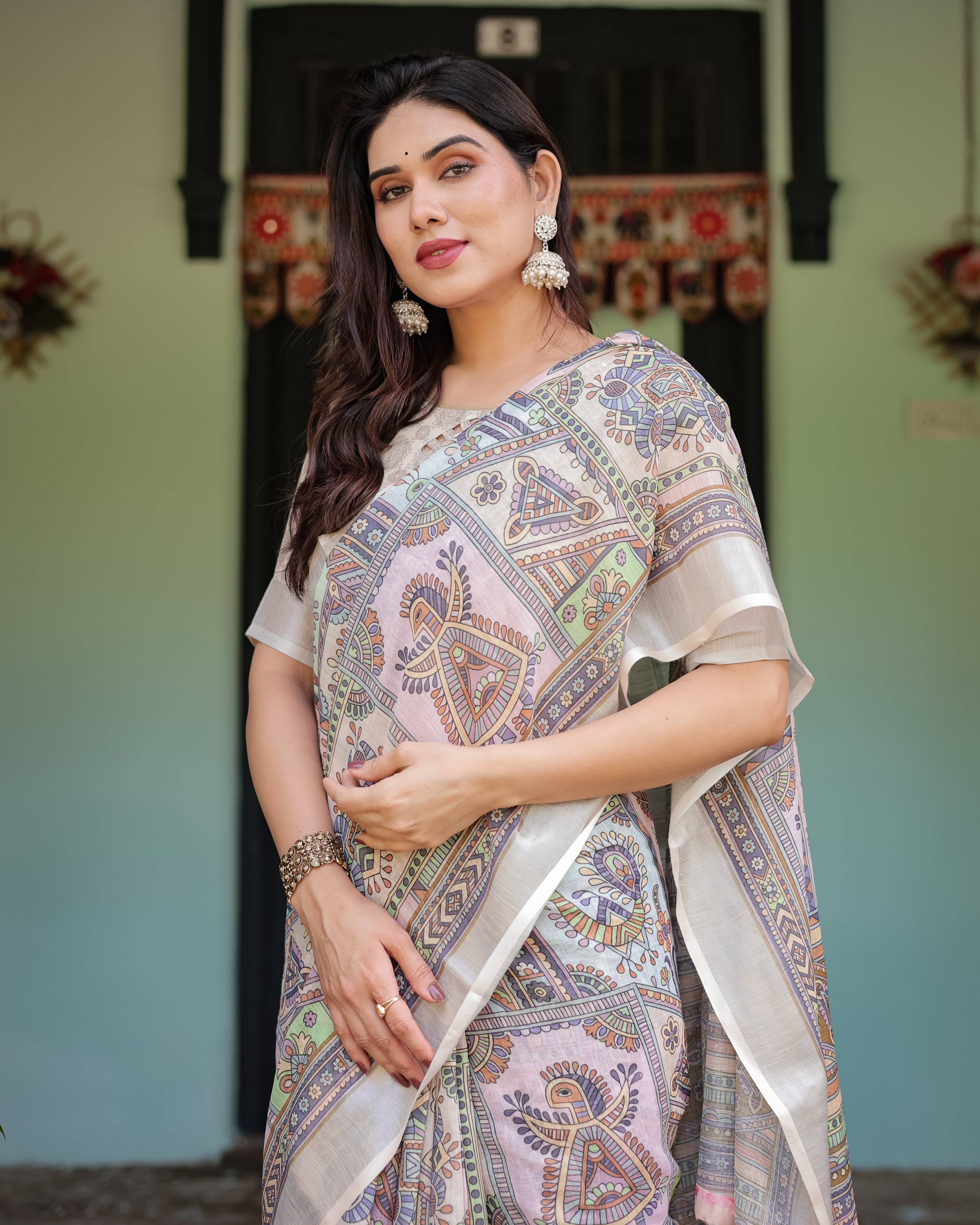 Cream and Pastel Multicolour Printed Pure Cotton Linen Saree with Blouse and Tassels on Edges LINEN H 131140