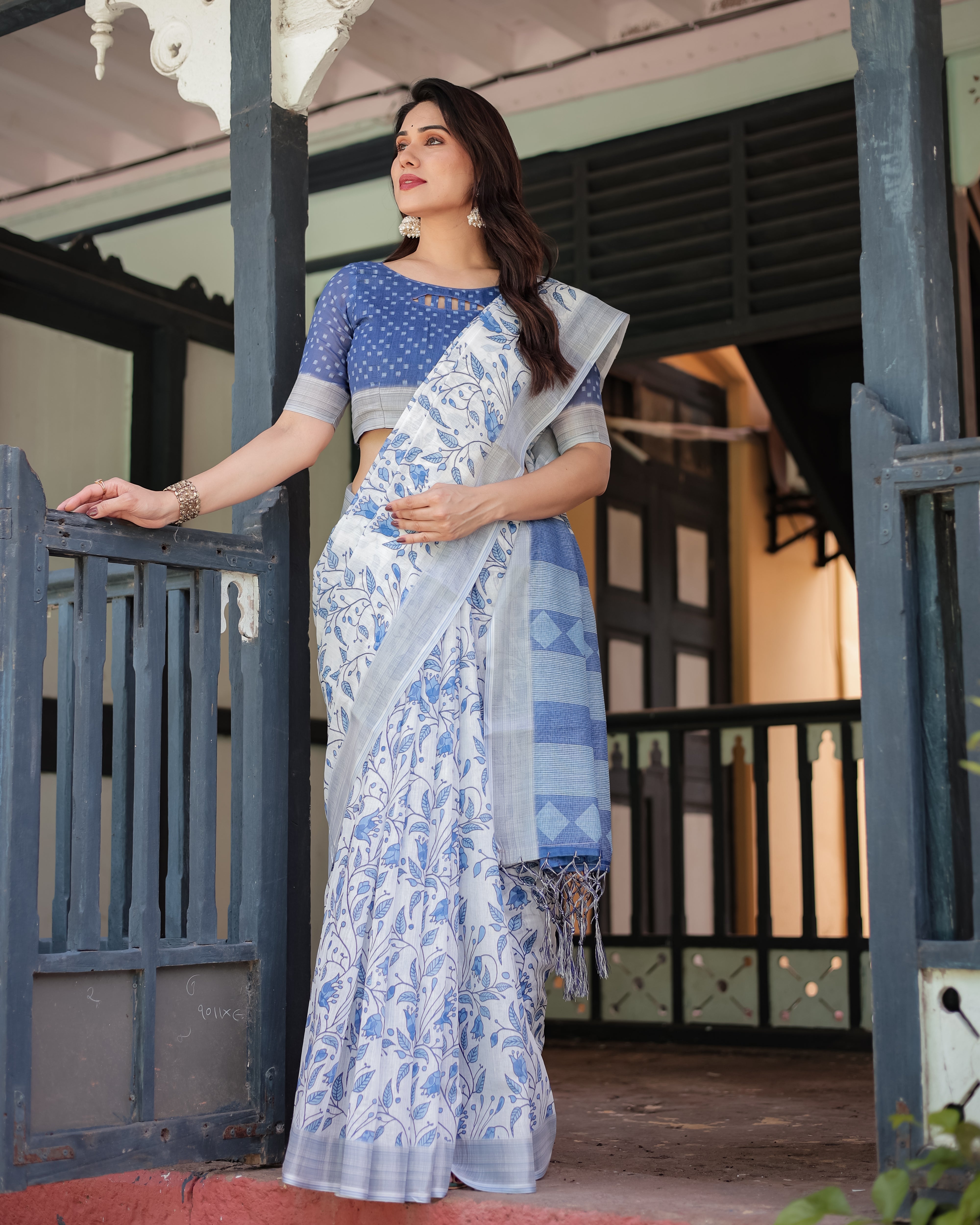 Blue and White Floral Pure Cotton Linen Saree with Blouse and Tassels LINEN H 131140