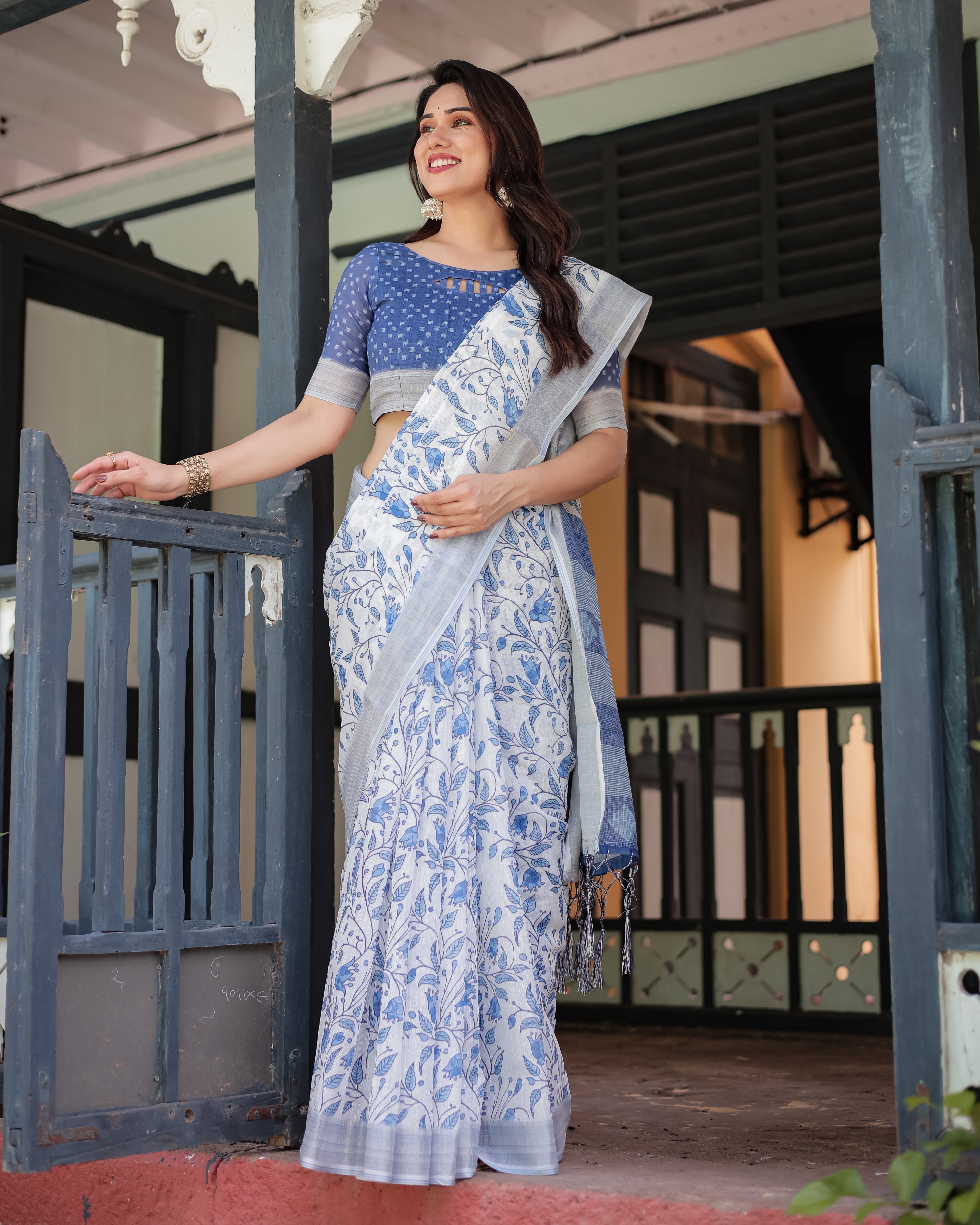 Blue and White Floral Pure Cotton Linen Saree with Blouse and Tassels LINEN H 131140
