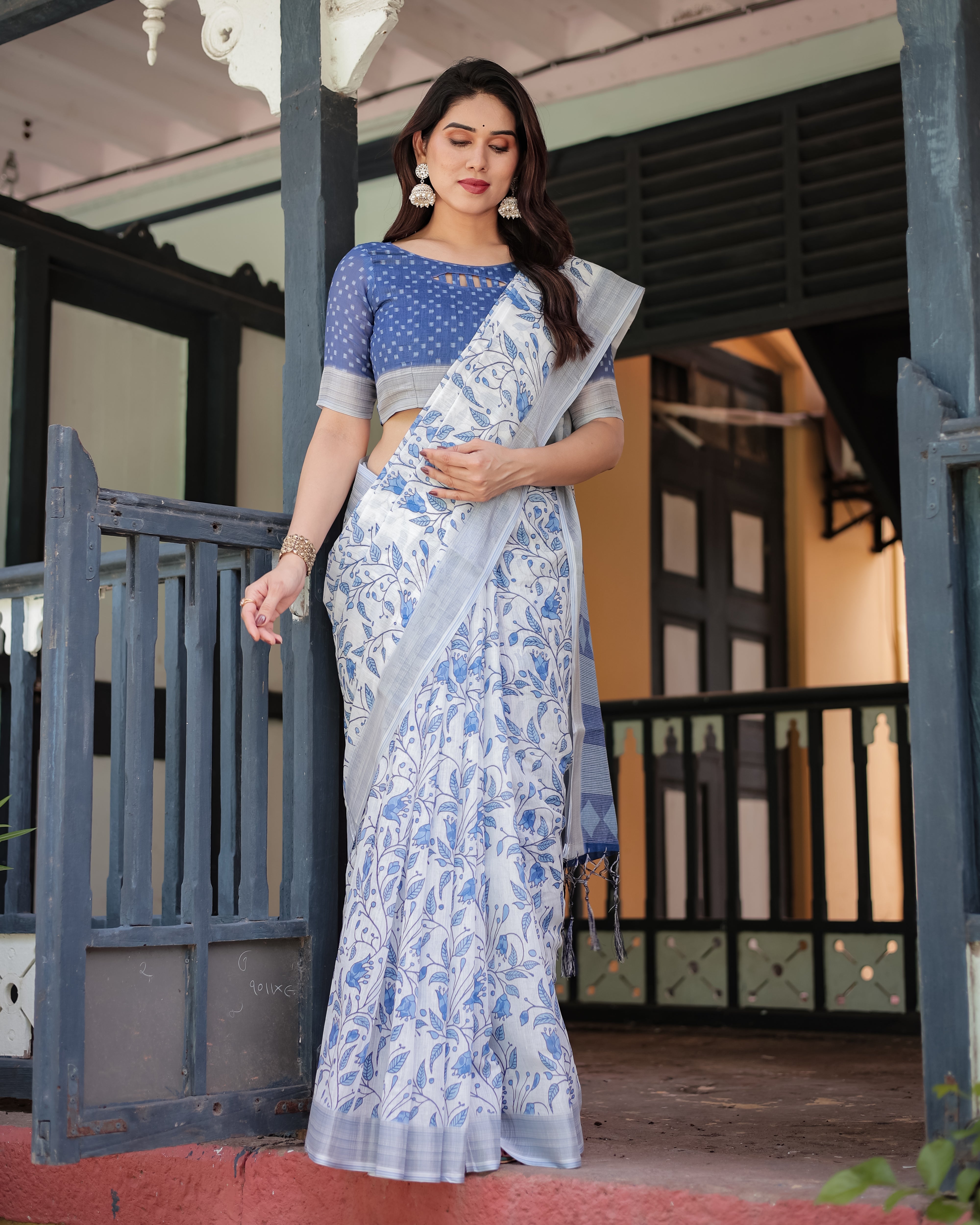 Blue and White Floral Pure Cotton Linen Saree with Blouse and Tassels LINEN H 131140