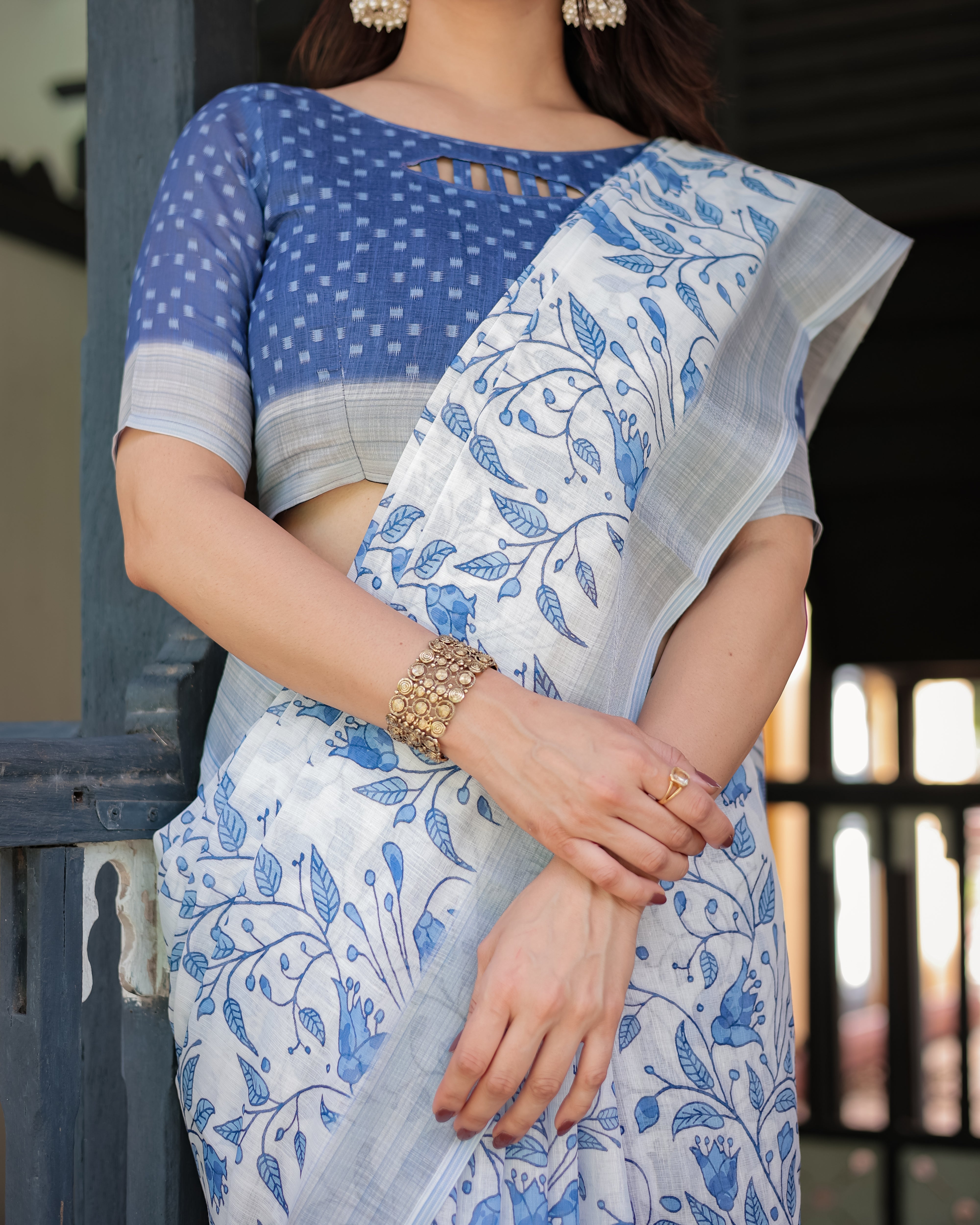 Blue and White Floral Pure Cotton Linen Saree with Blouse and Tassels LINEN H 131140