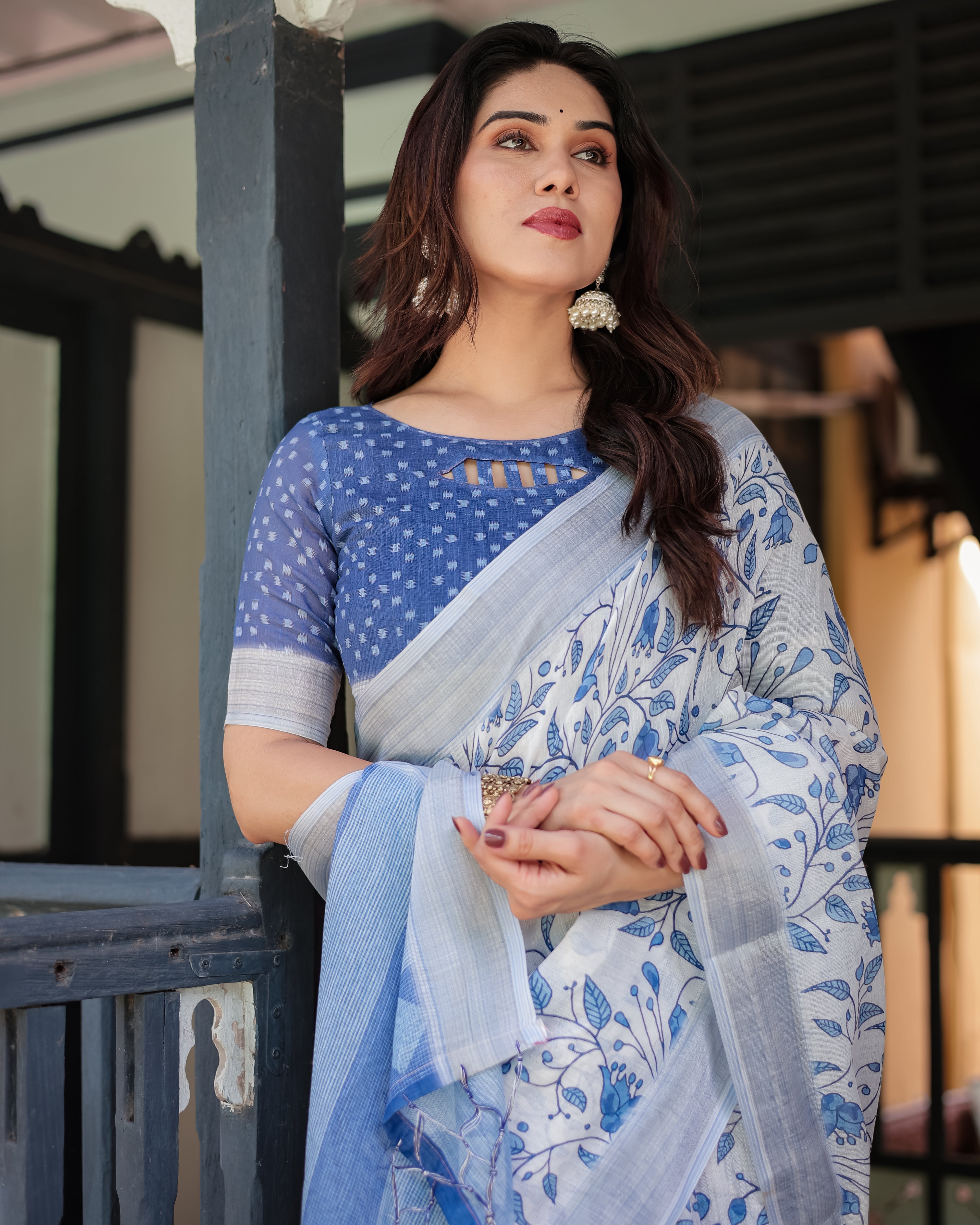 Blue and White Floral Pure Cotton Linen Saree with Blouse and Tassels LINEN H 131140