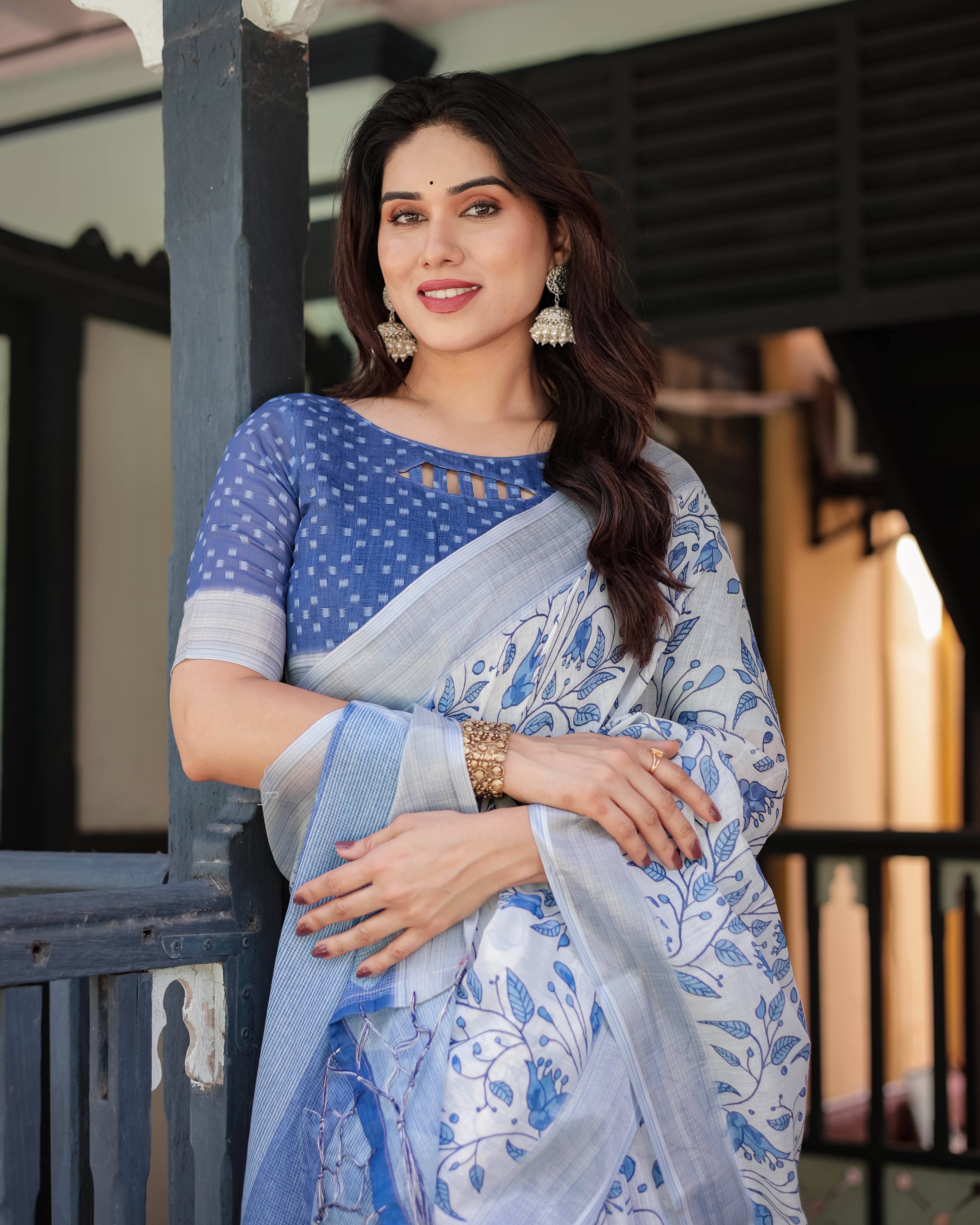 Blue and White Floral Pure Cotton Linen Saree with Blouse and Tassels LINEN H 131140