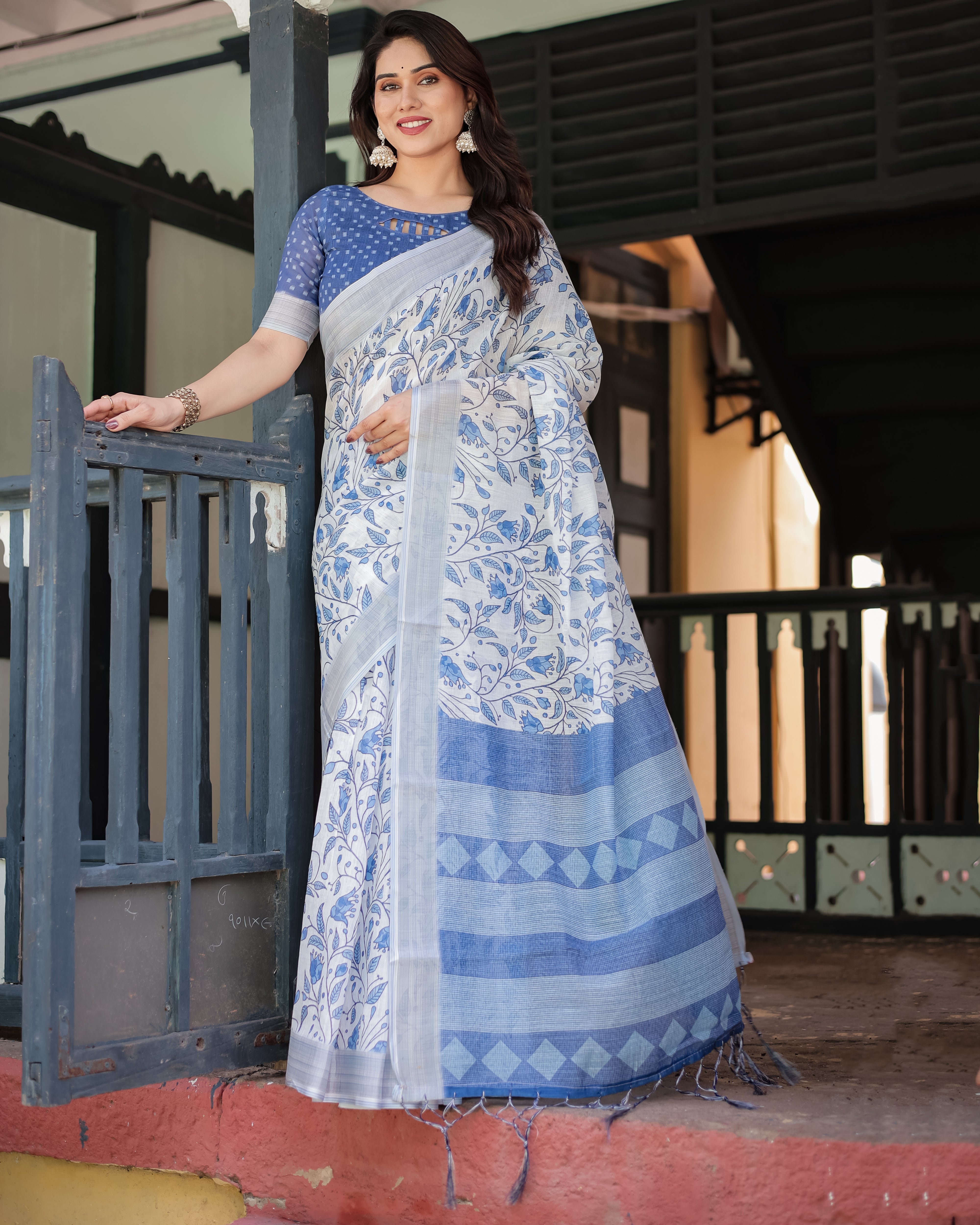 Blue and White Floral Pure Cotton Linen Saree with Blouse and Tassels LINEN H 131140