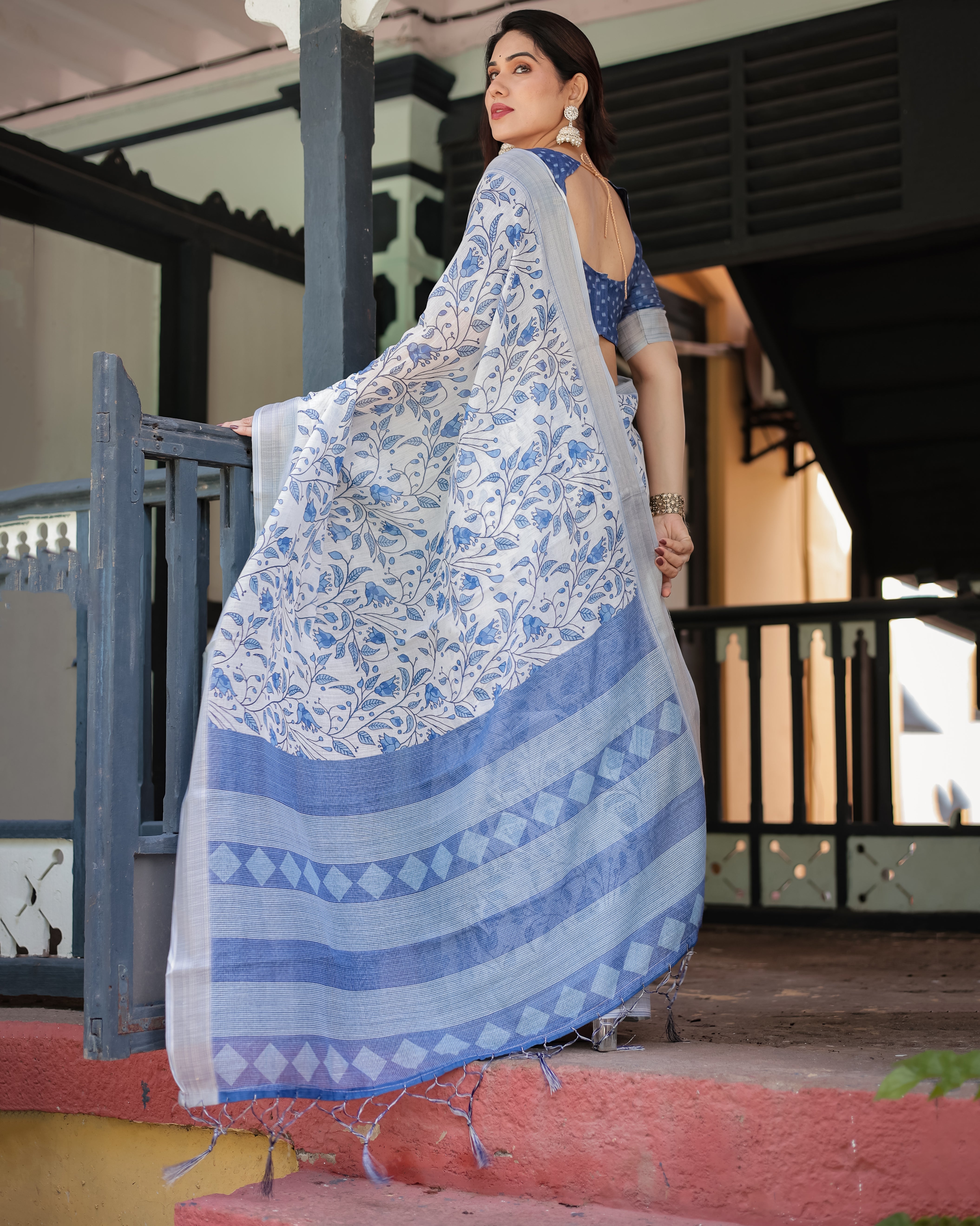 Blue and White Floral Pure Cotton Linen Saree with Blouse and Tassels LINEN H 131140