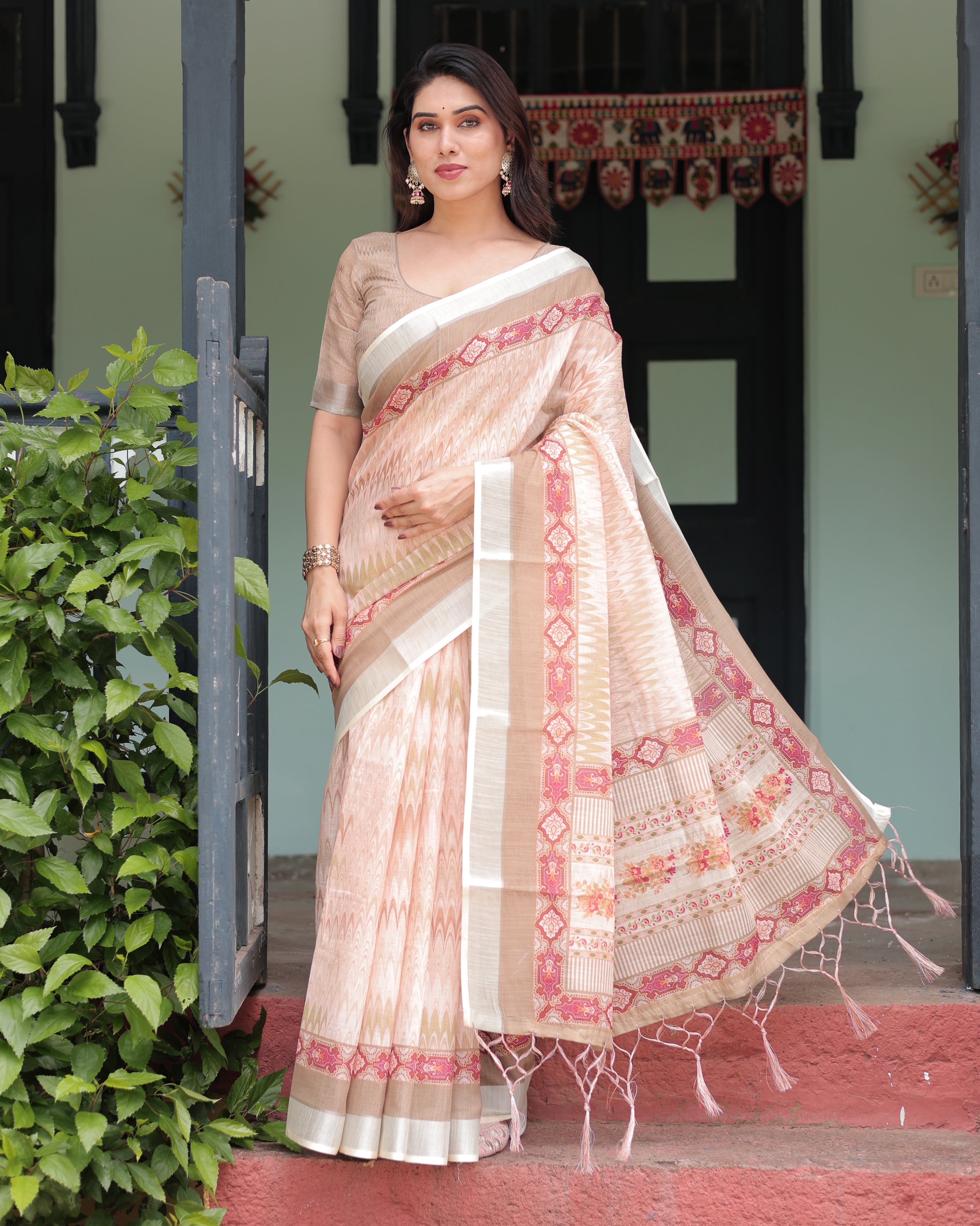 Beige and Pink Floral Printed Pure Cotton Linen Saree with Blouse and Tassels on Edges LINEN H 151160