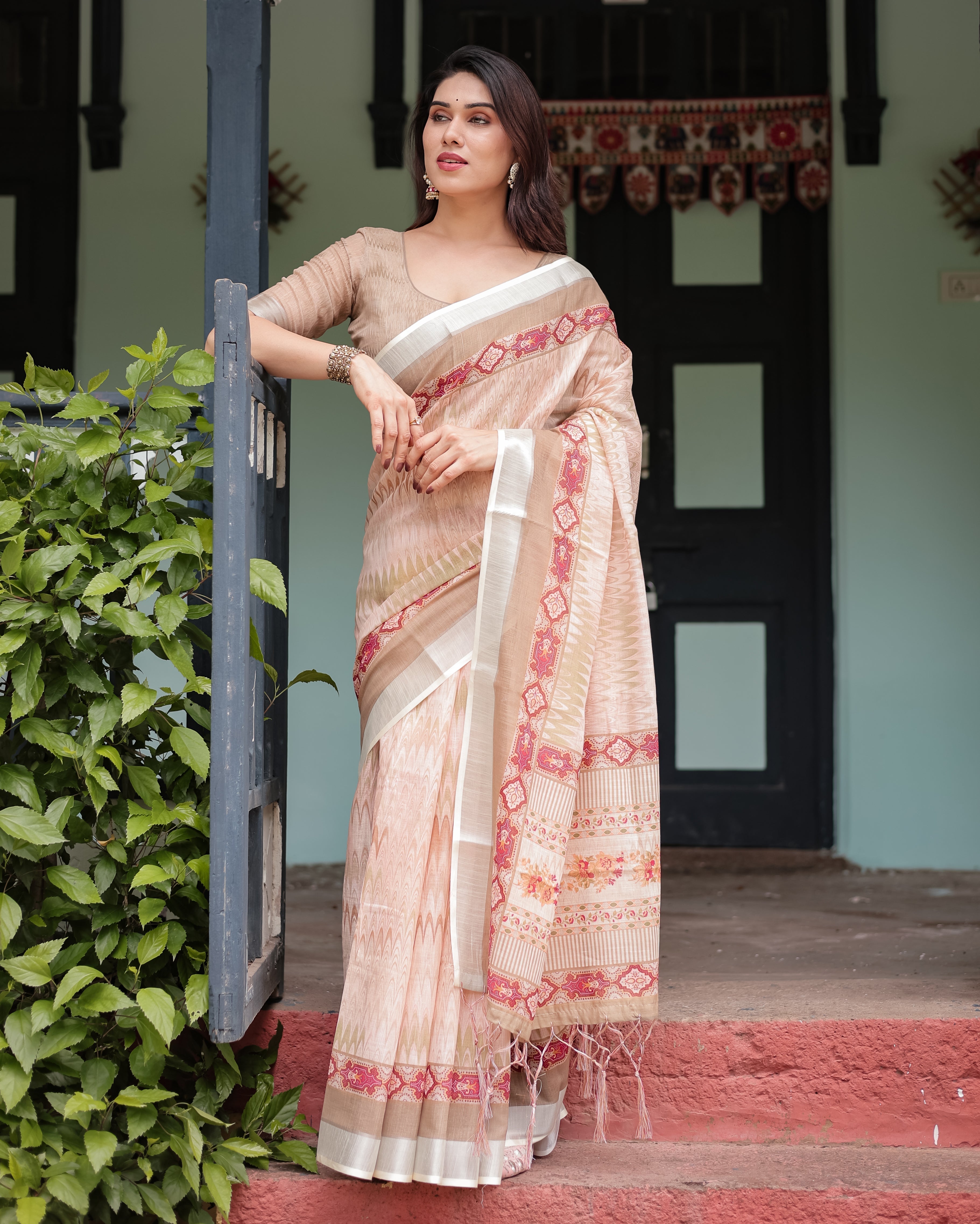 Beige and Pink Floral Printed Pure Cotton Linen Saree with Blouse and Tassels on Edges LINEN H 151160