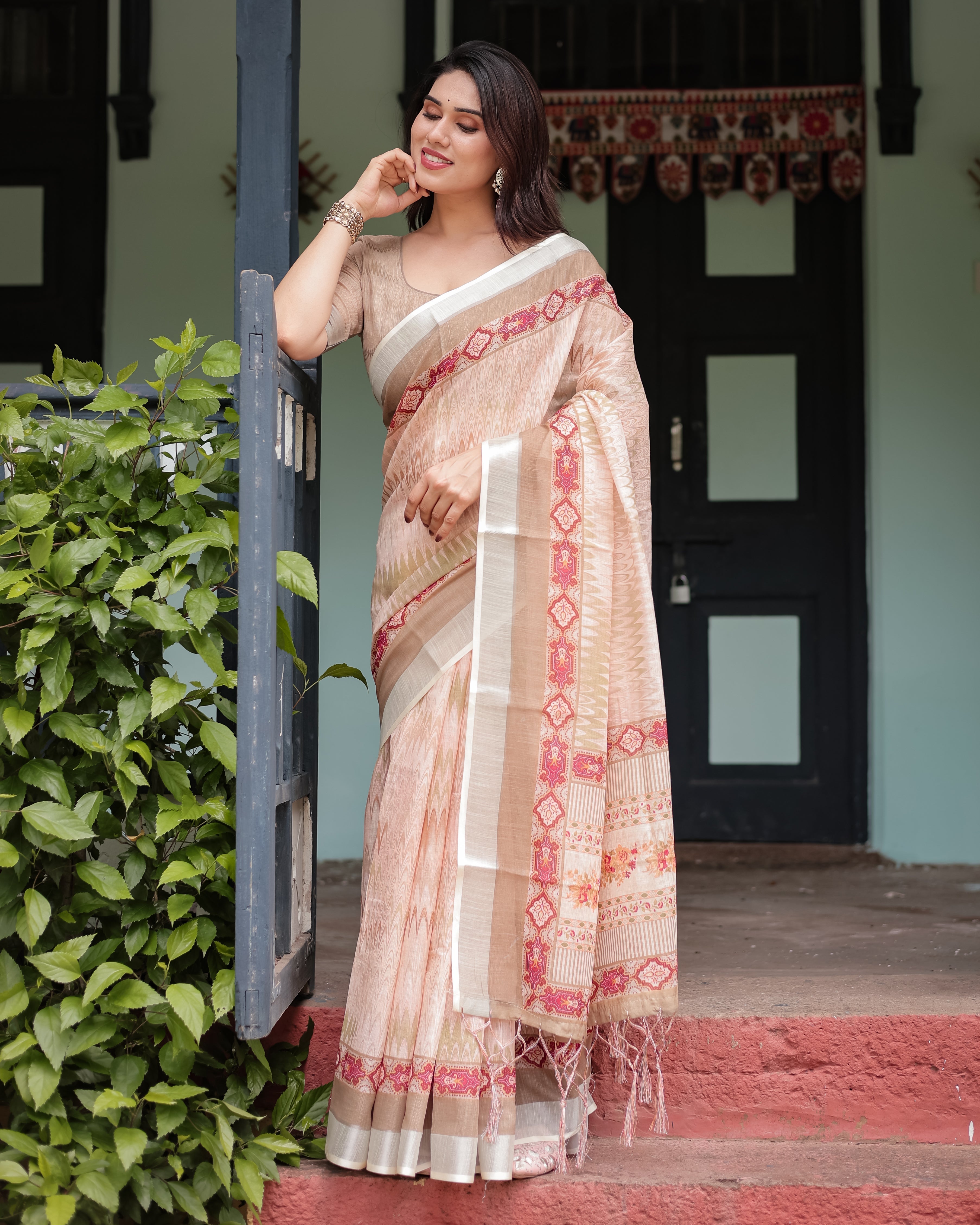 Beige and Pink Floral Printed Pure Cotton Linen Saree with Blouse and Tassels on Edges LINEN H 151160