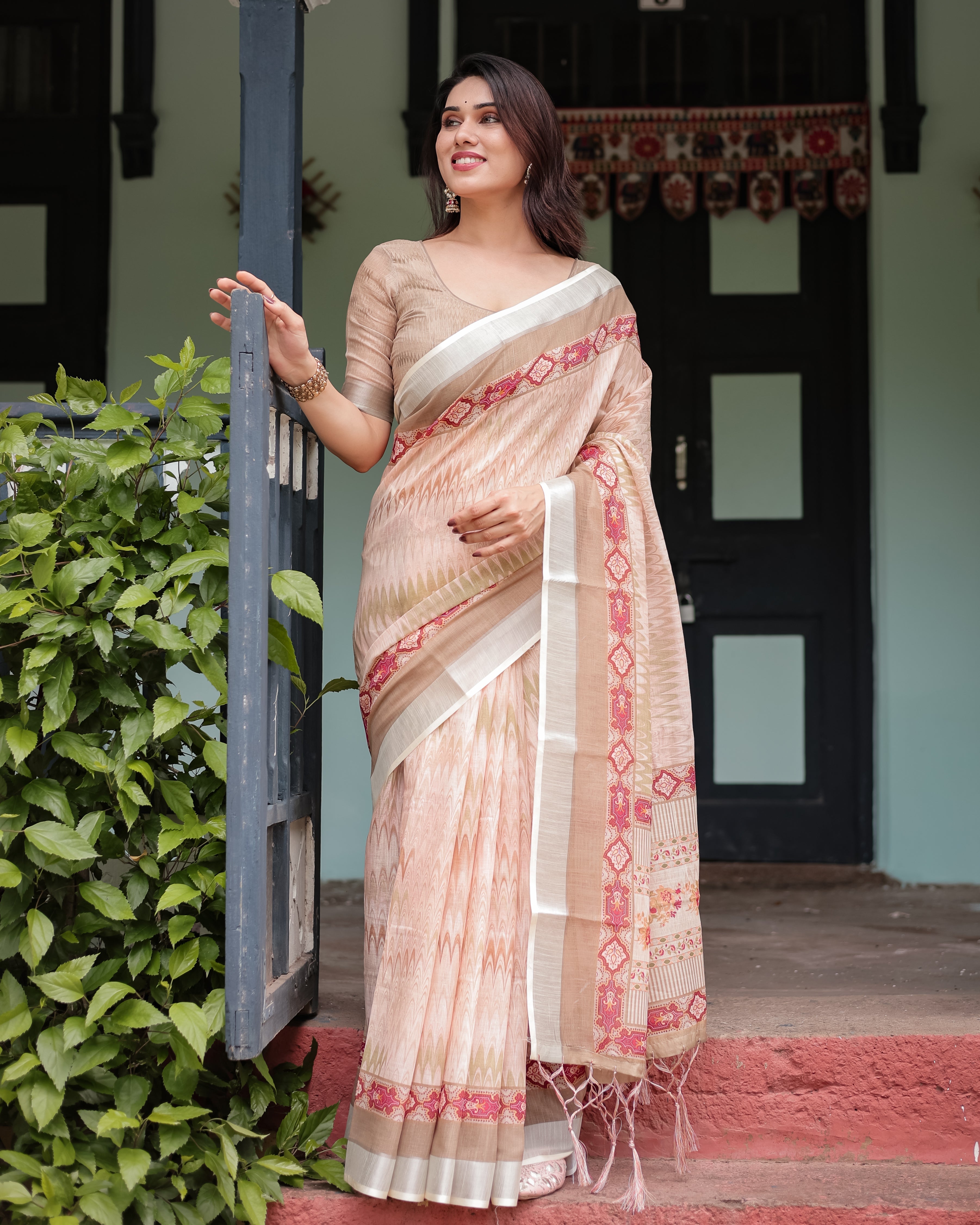 Beige and Pink Floral Printed Pure Cotton Linen Saree with Blouse and Tassels on Edges LINEN H 151160