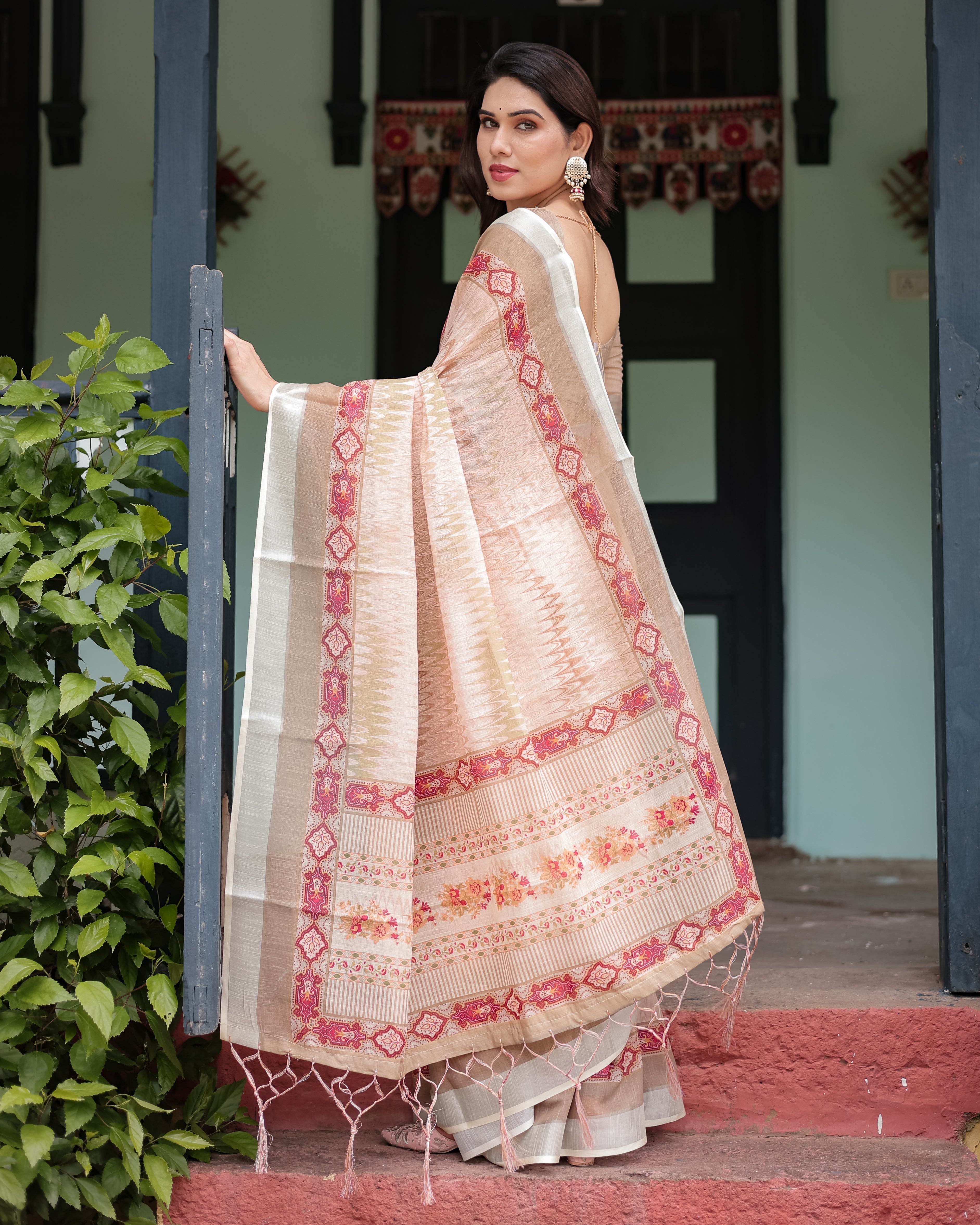 Beige and Pink Floral Printed Pure Cotton Linen Saree with Blouse and Tassels on Edges LINEN H 151160
