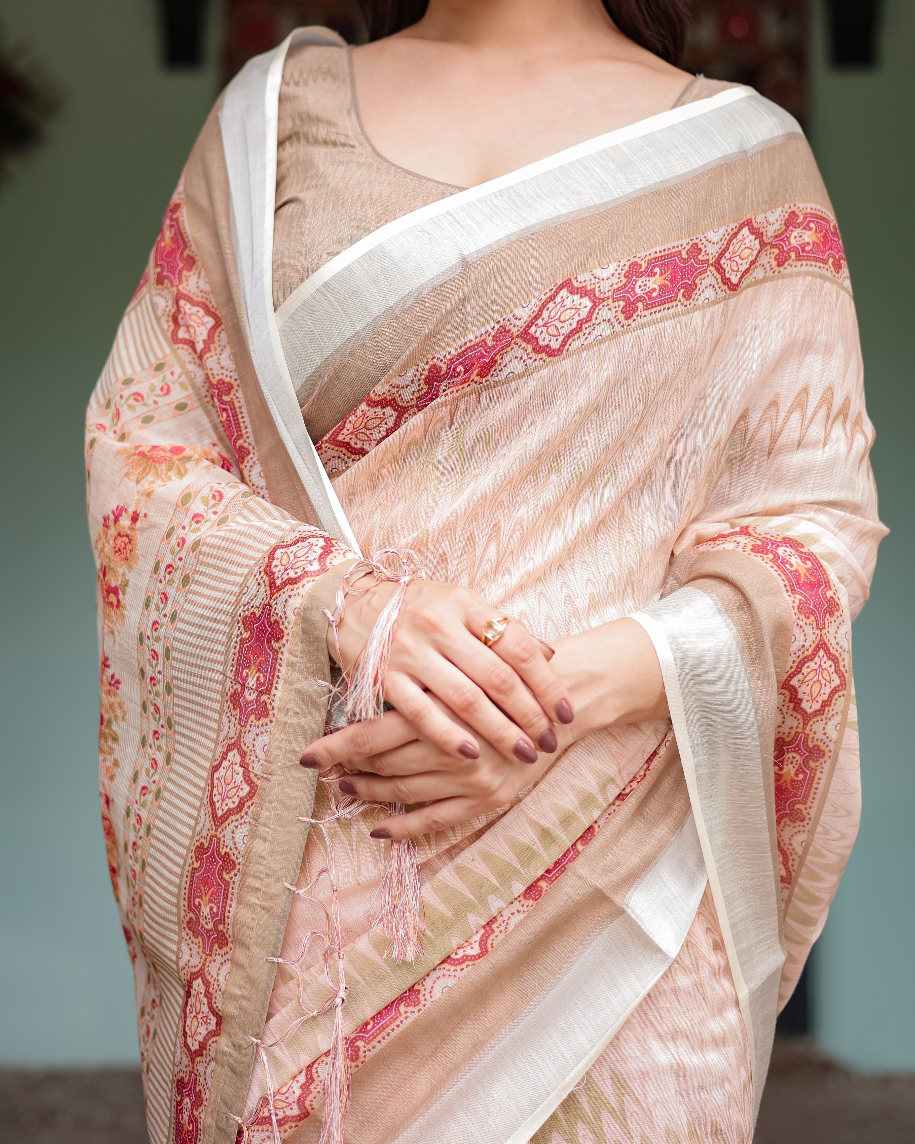 Beige and Pink Floral Printed Pure Cotton Linen Saree with Blouse and Tassels on Edges LINEN H 151160