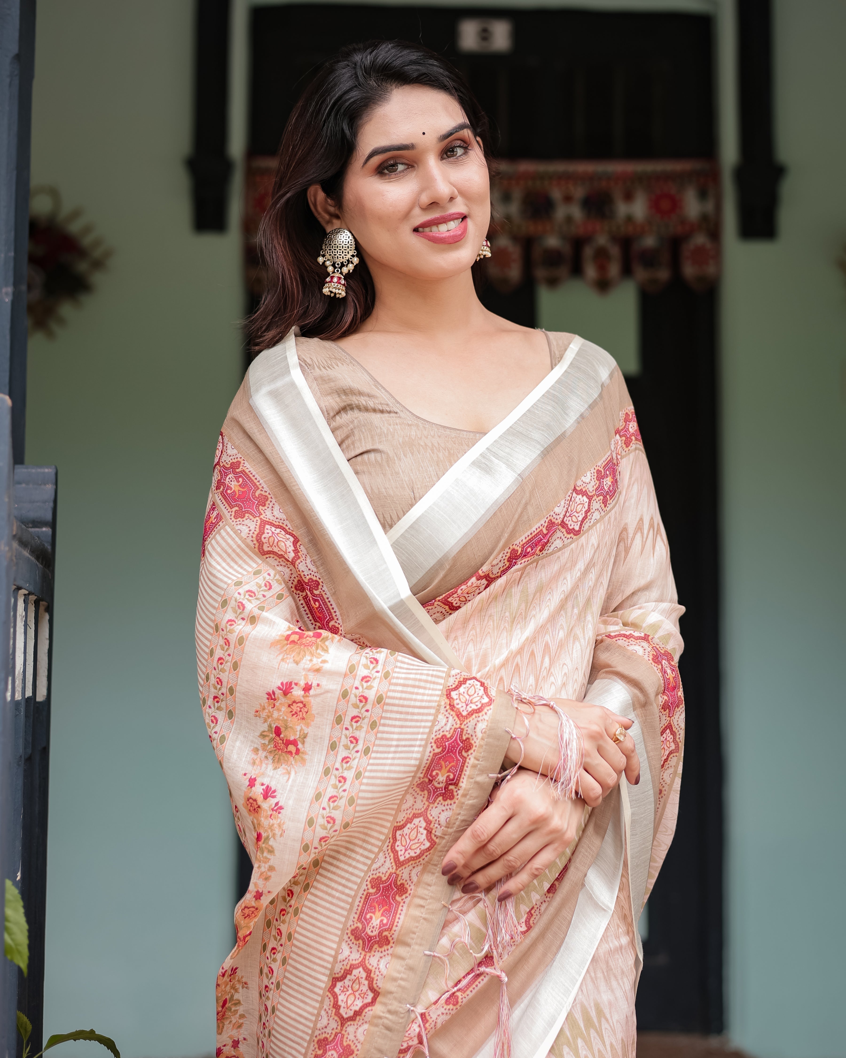 Beige and Pink Floral Printed Pure Cotton Linen Saree with Blouse and Tassels on Edges LINEN H 151160