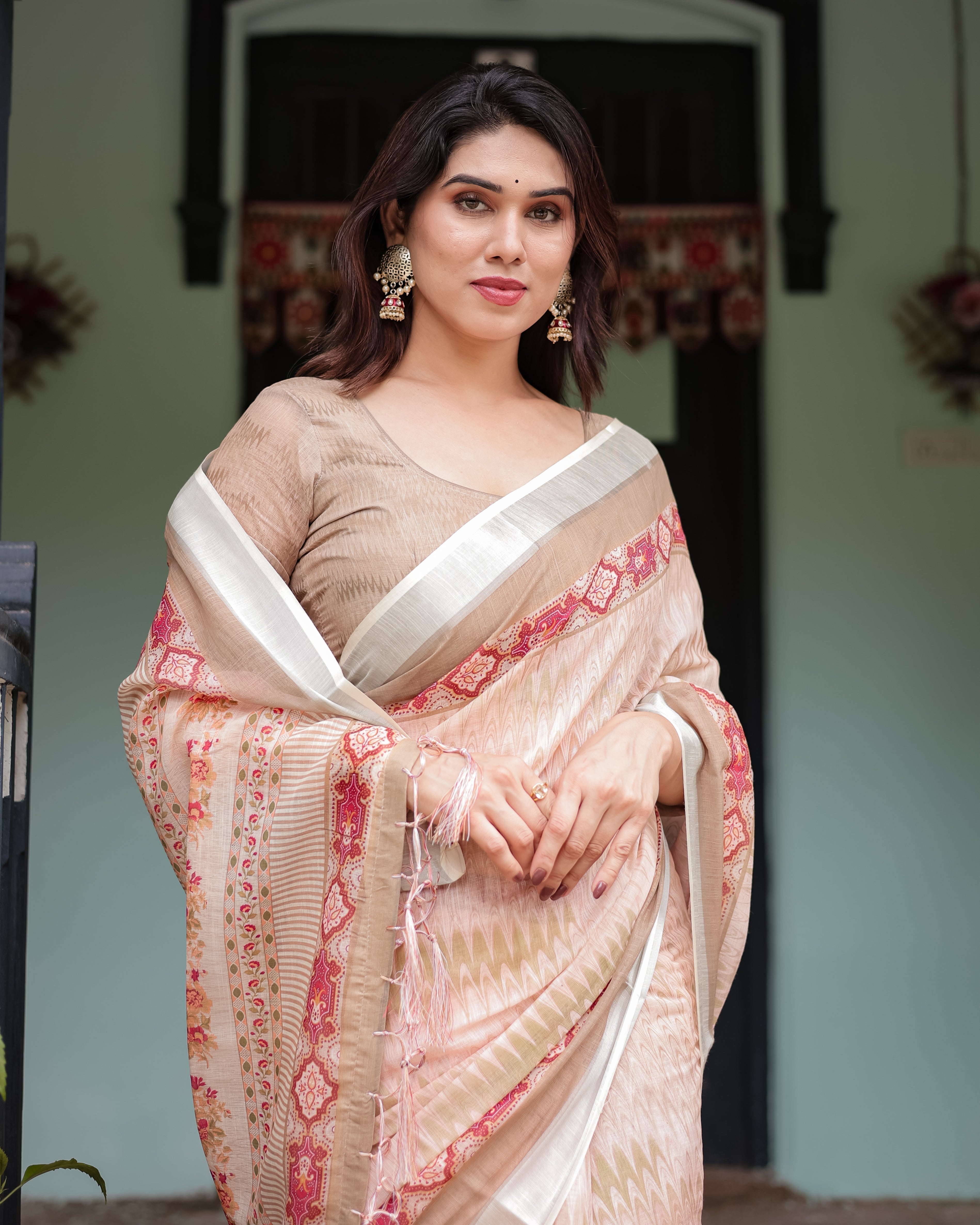 Beige and Pink Floral Printed Pure Cotton Linen Saree with Blouse and Tassels on Edges LINEN H 151160