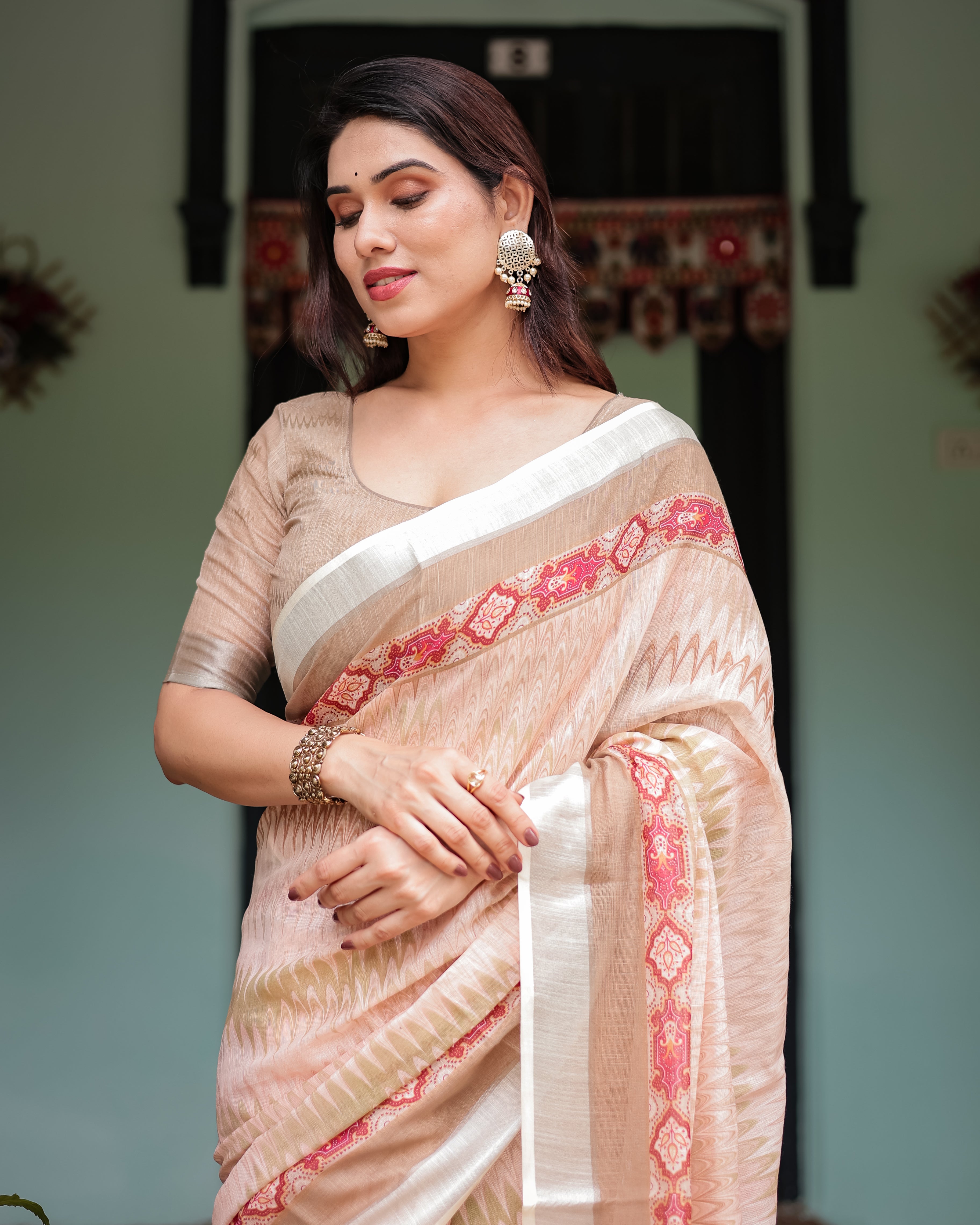 Beige and Pink Floral Printed Pure Cotton Linen Saree with Blouse and Tassels on Edges LINEN H 151160