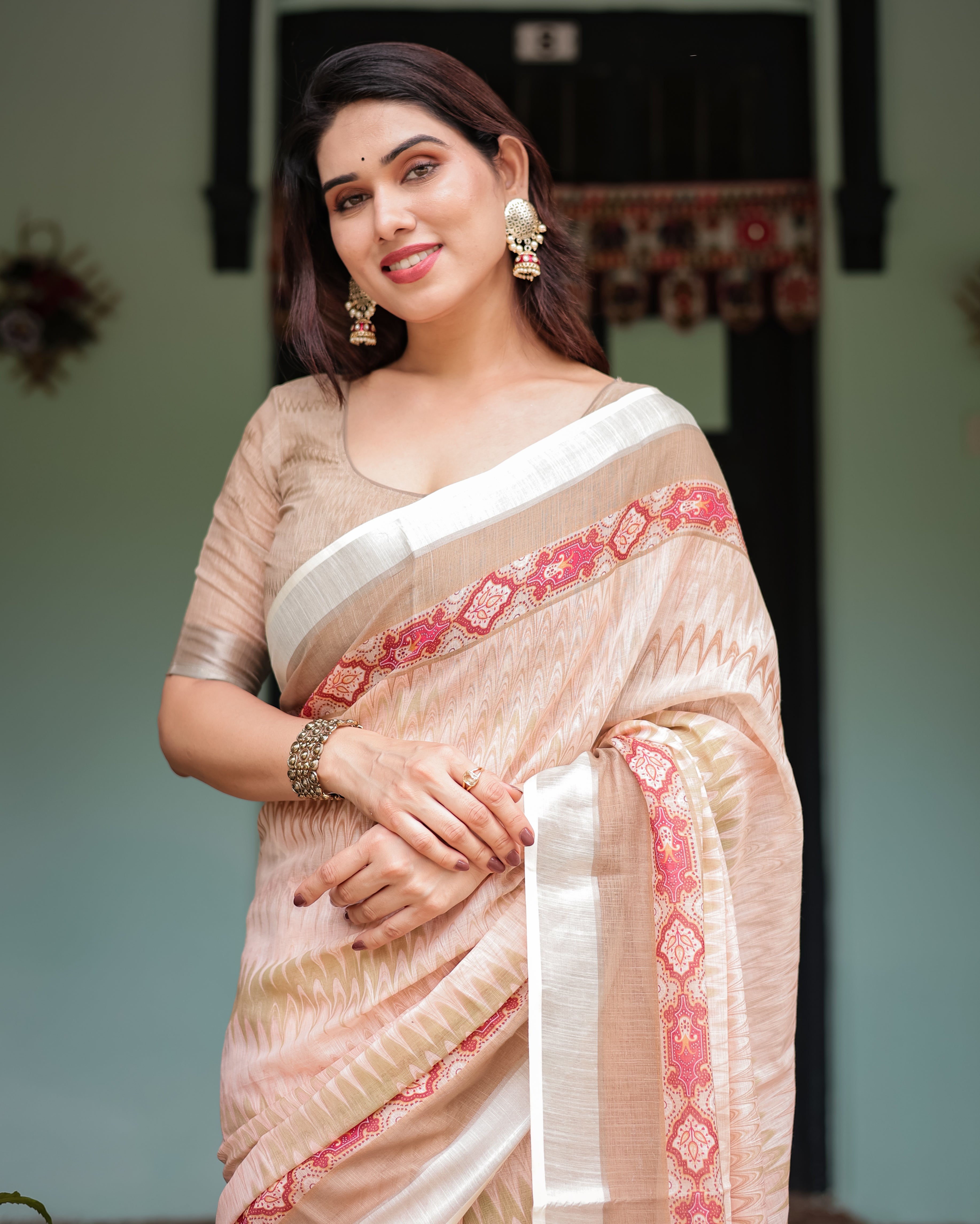 Beige and Pink Floral Printed Pure Cotton Linen Saree with Blouse and Tassels on Edges LINEN H 151160