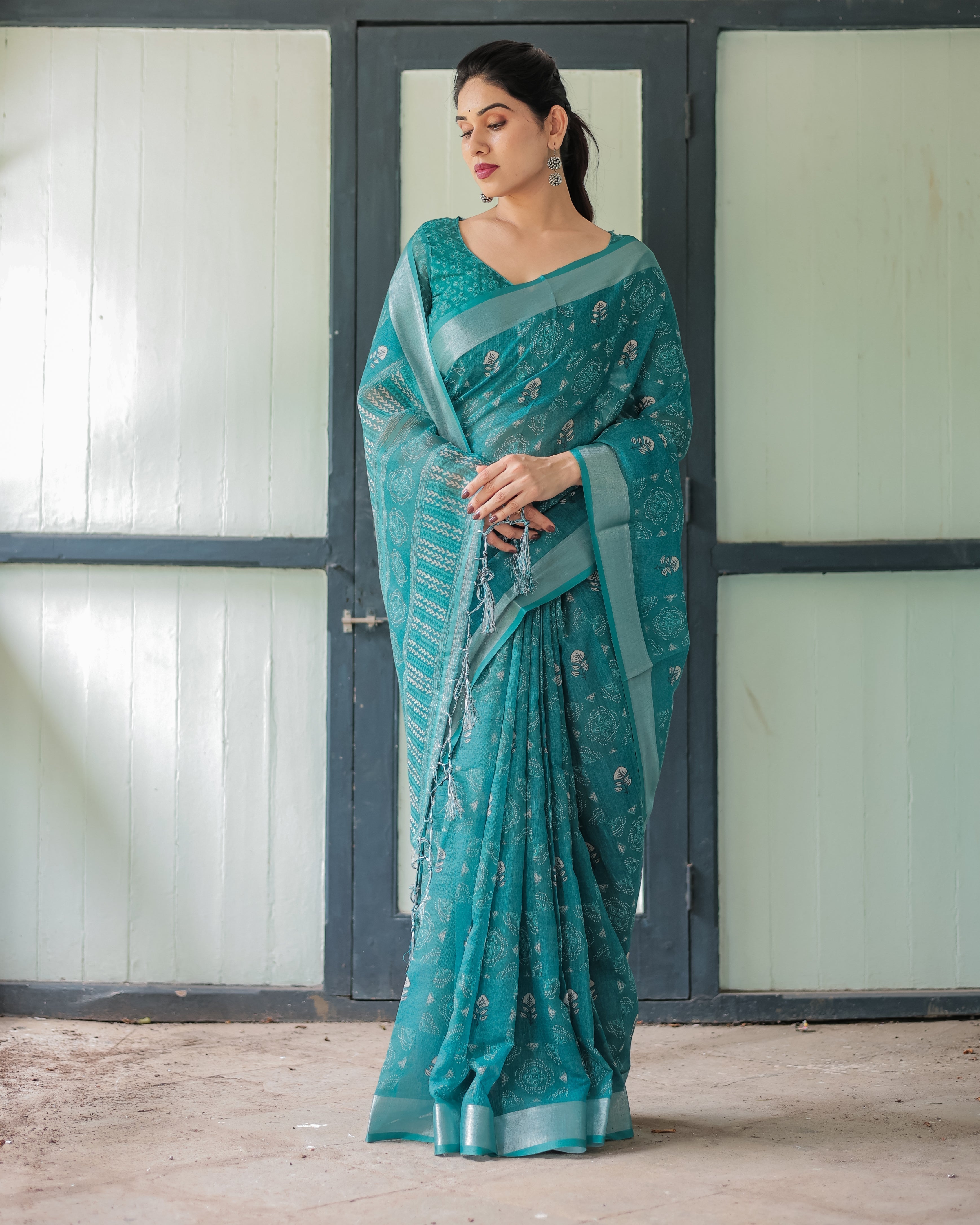 Teal Green Pure Cotton Linen Saree with Silver Floral Motifs and Tassels LINEN H 151160