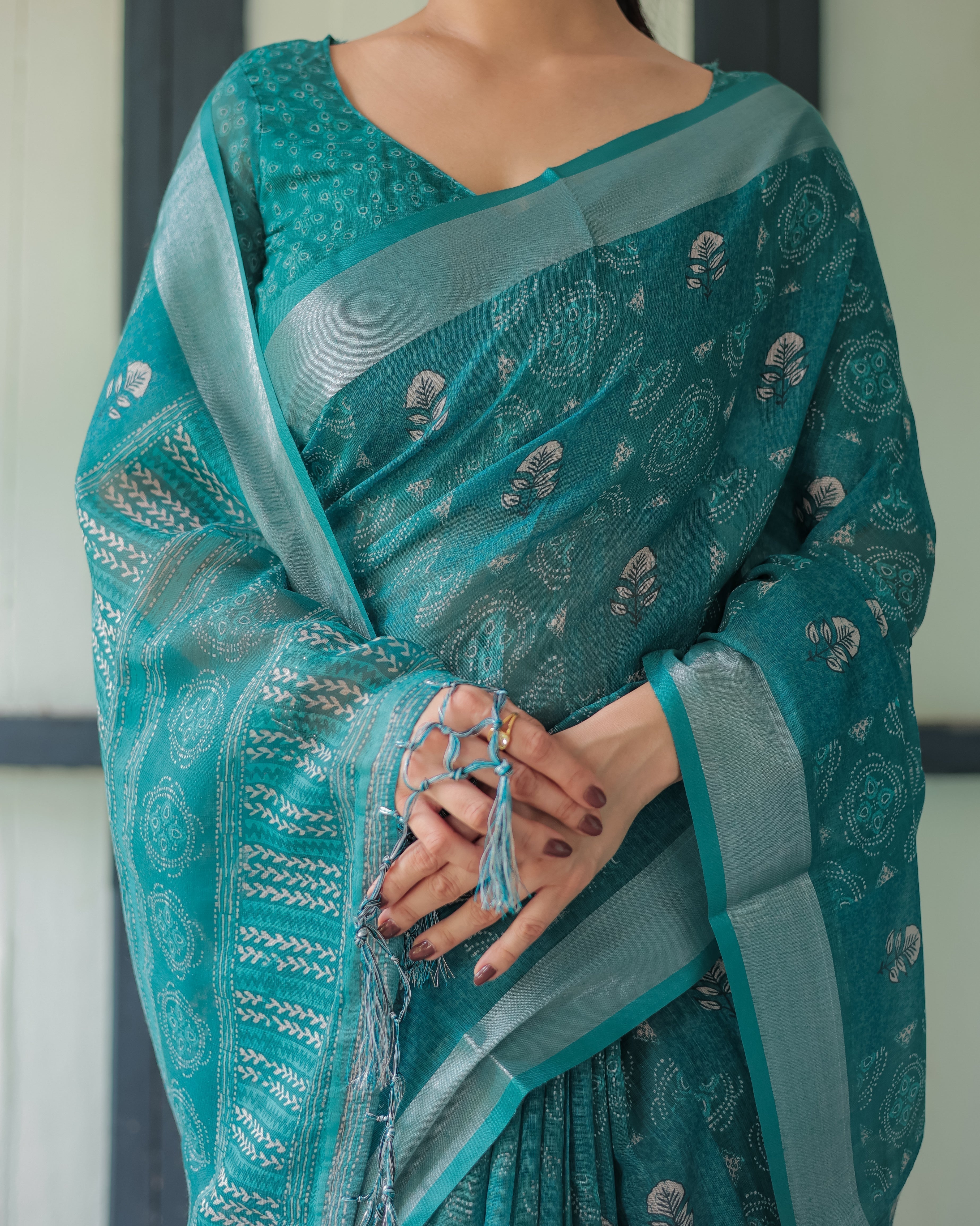 Teal Green Pure Cotton Linen Saree with Silver Floral Motifs and Tassels LINEN H 151160