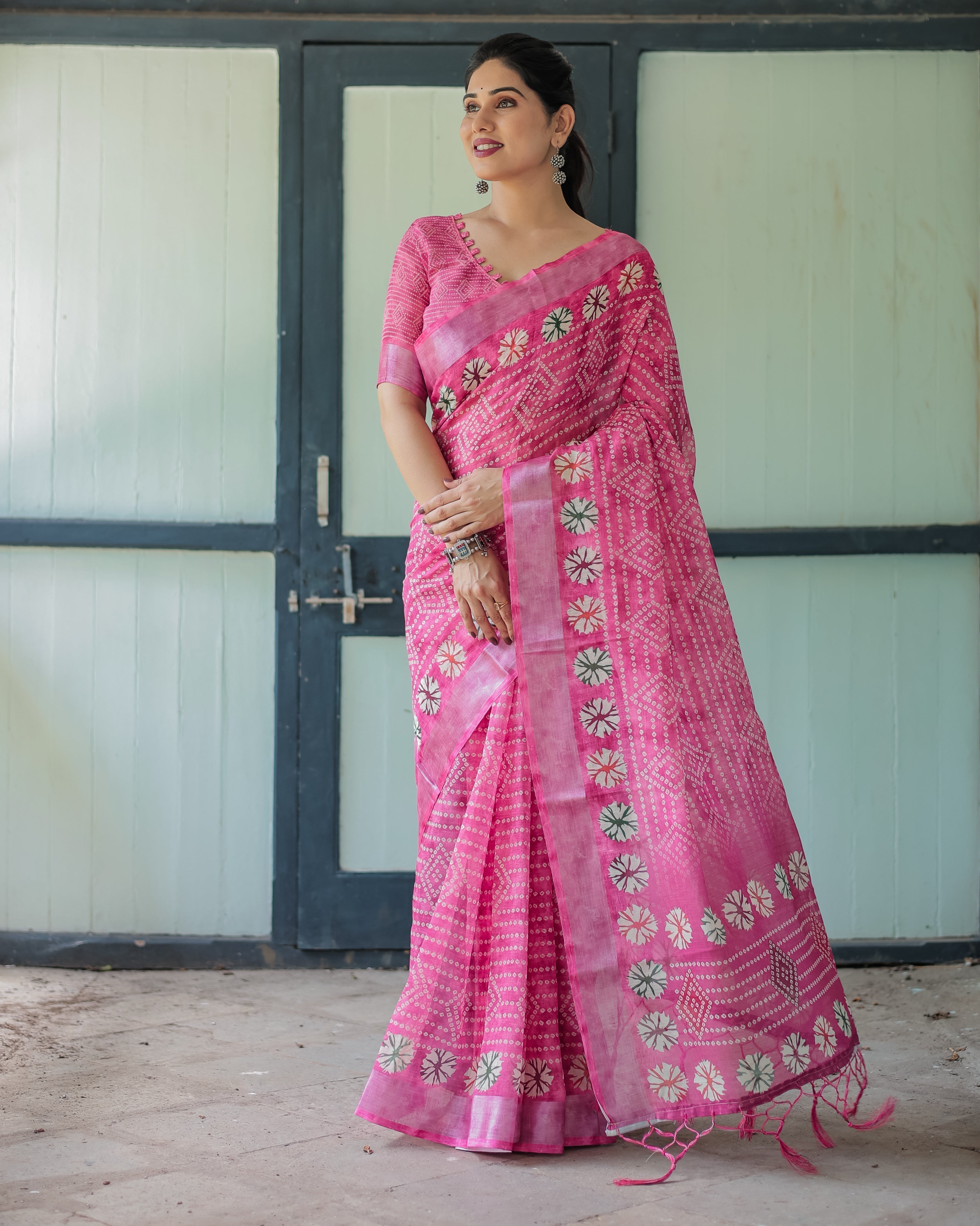 Fuchsia Pink Handcrafted Cotton Linen Saree with Geometric Print and Tassels LINEN H 161170