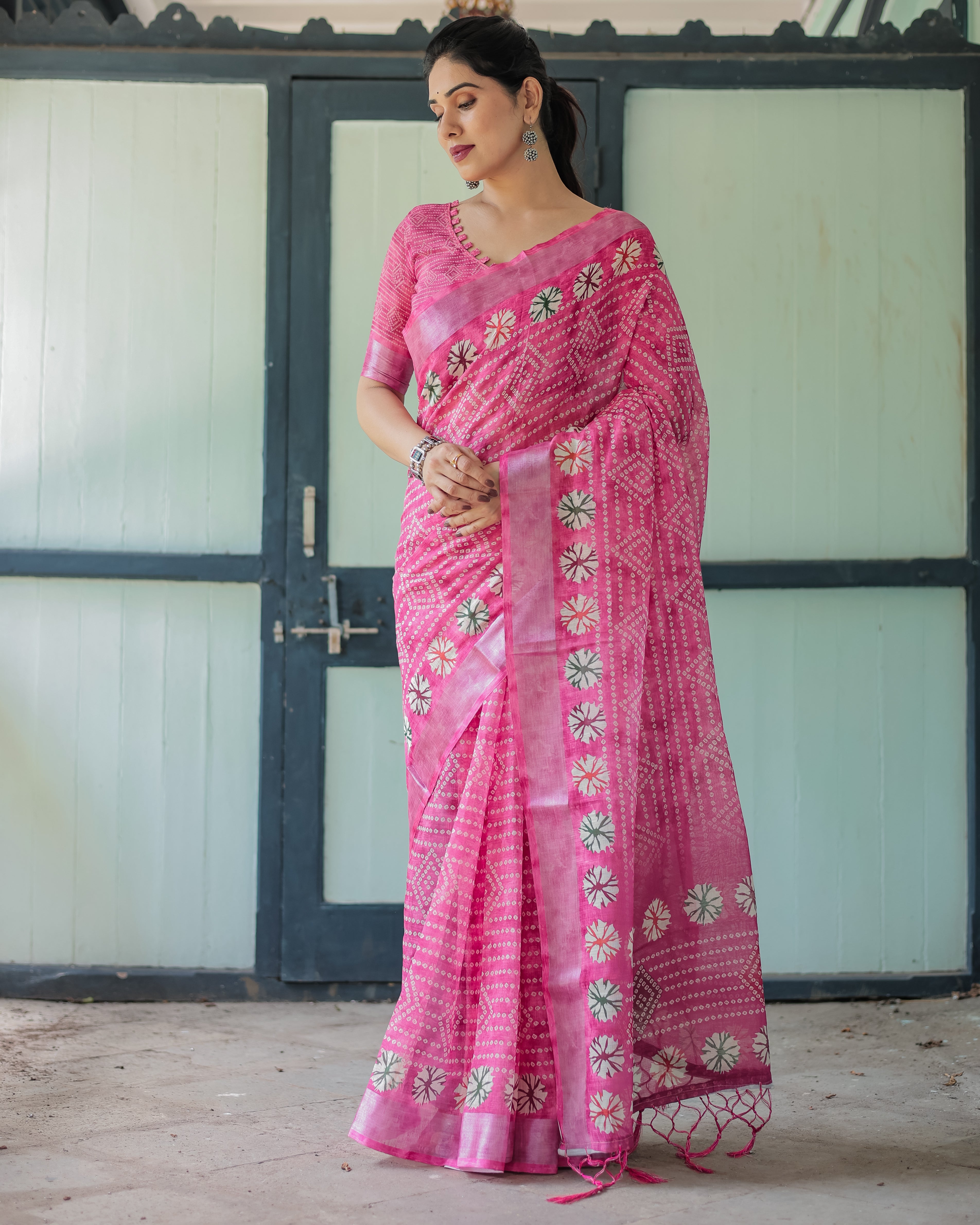 Fuchsia Pink Handcrafted Cotton Linen Saree with Geometric Print and Tassels LINEN H 161170