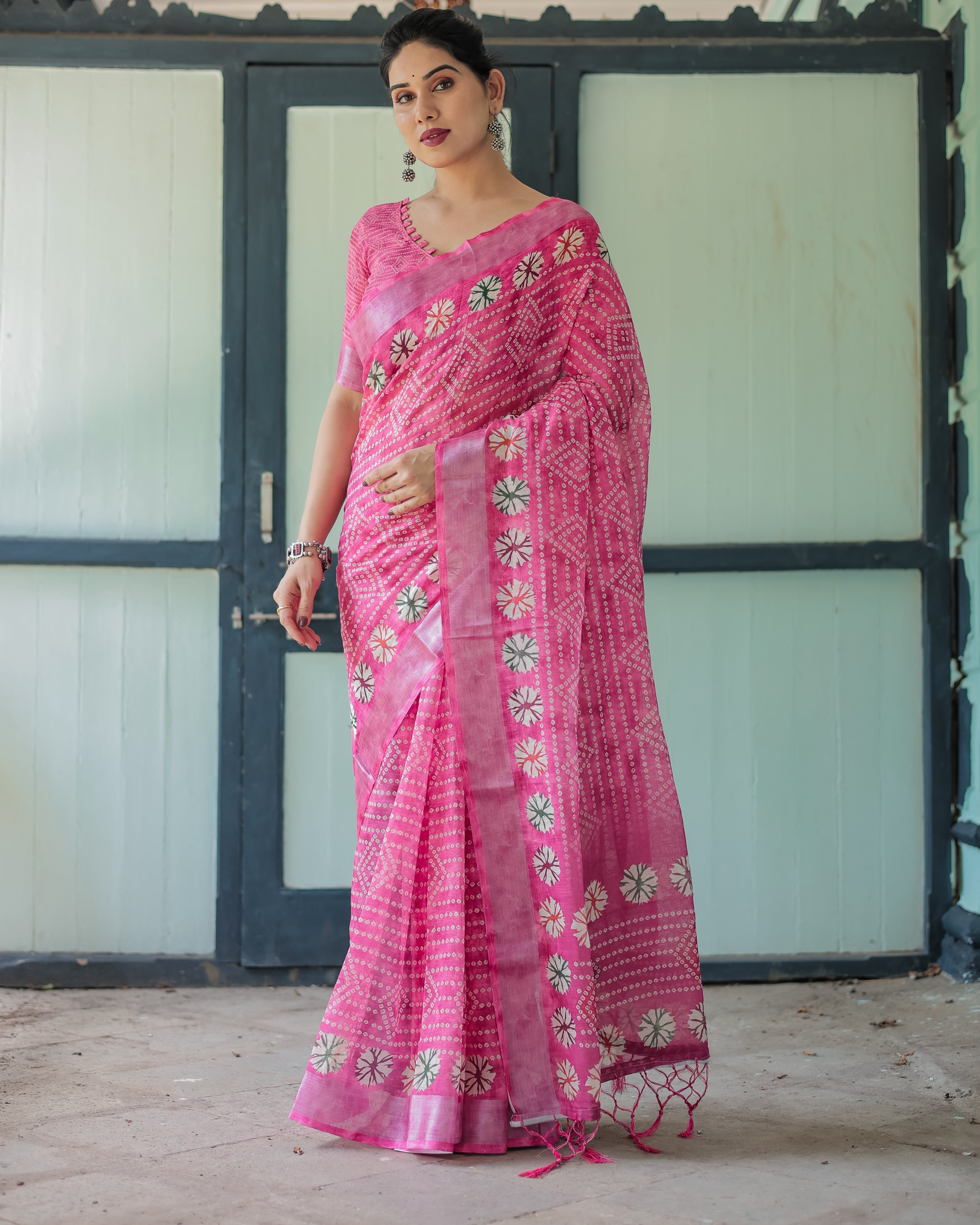 Fuchsia Pink Handcrafted Cotton Linen Saree with Geometric Print and Tassels LINEN H 161170