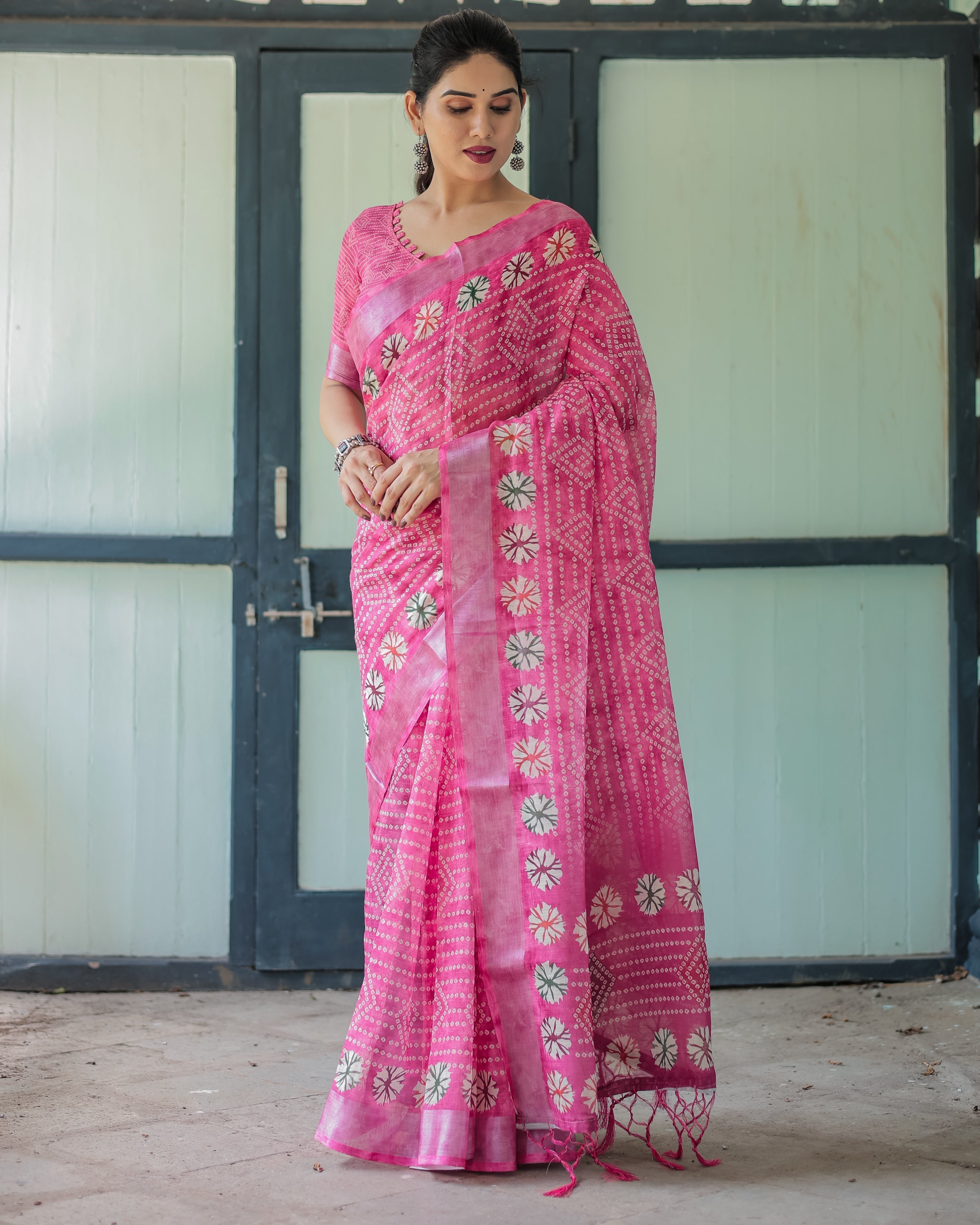 Fuchsia Pink Handcrafted Cotton Linen Saree with Geometric Print and Tassels LINEN H 161170