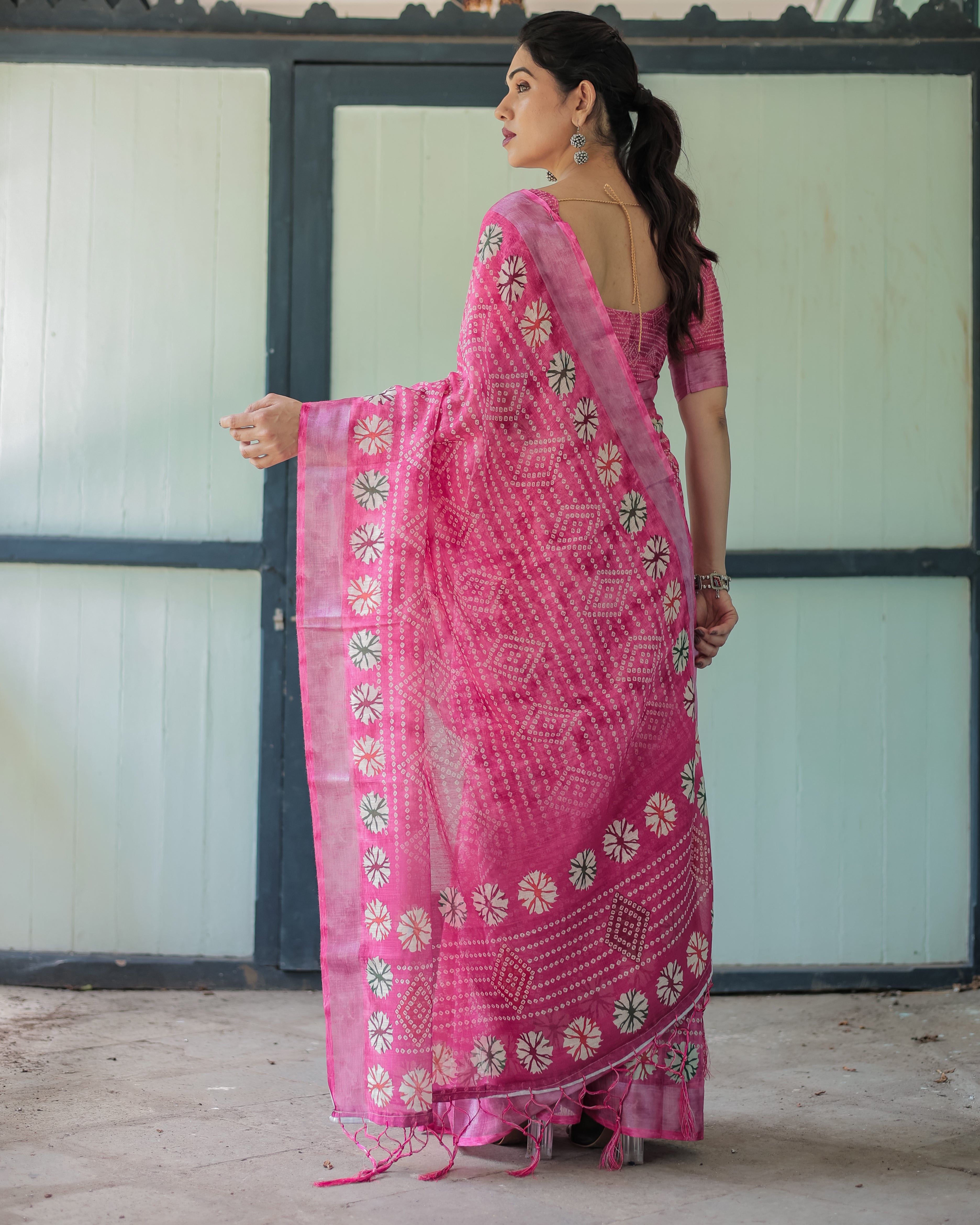 Fuchsia Pink Handcrafted Cotton Linen Saree with Geometric Print and Tassels LINEN H 161170